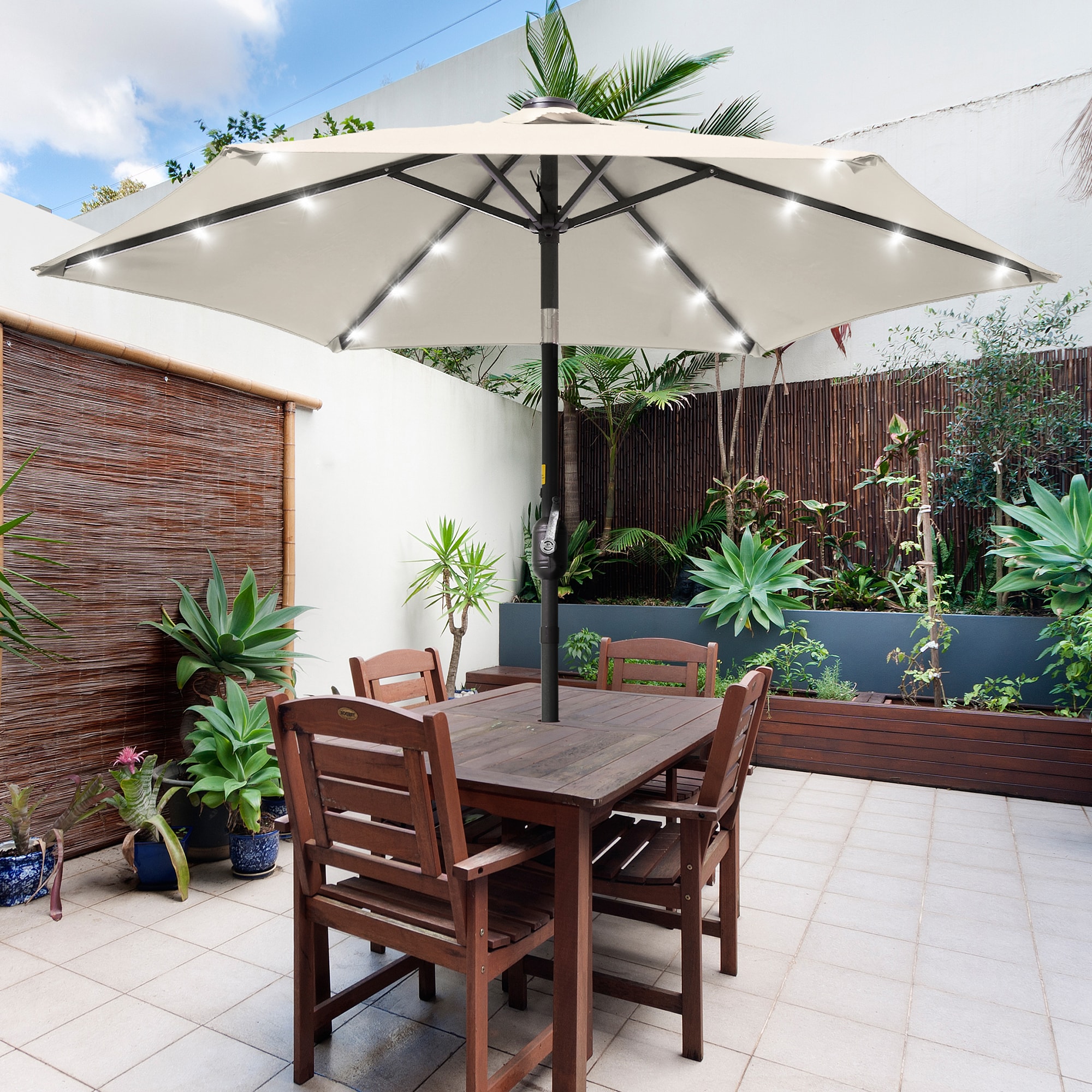 Sonkuki - 7.5-ft Steel Beige Push-button Tilt Market Patio Umbrella with Lights
