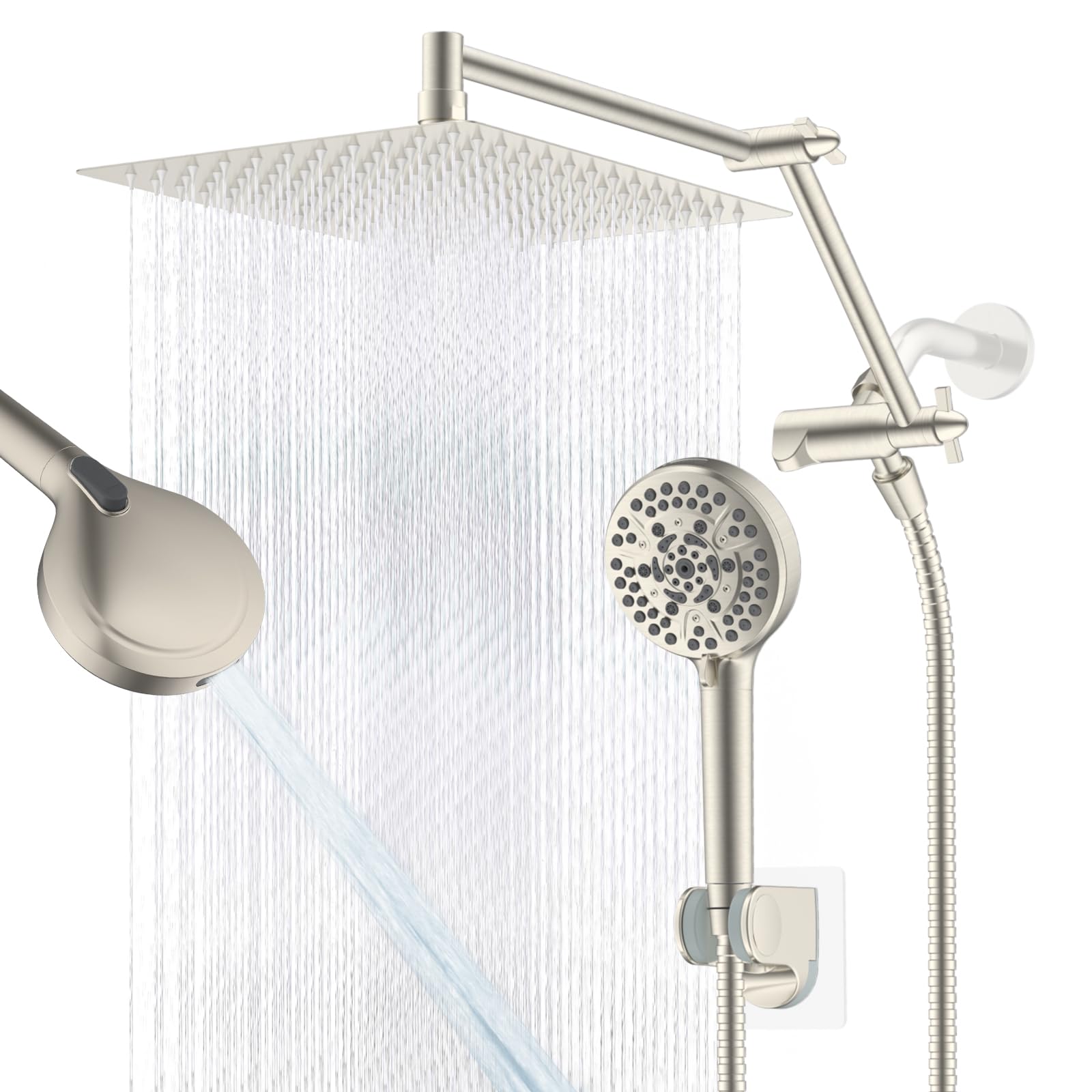 Lovav Brushed Nickel Square 12 in 12 Inch Rain Shower Head With Handheld 10 Mode Combo Stainless Steel Extension Arm 3 Way Diverter