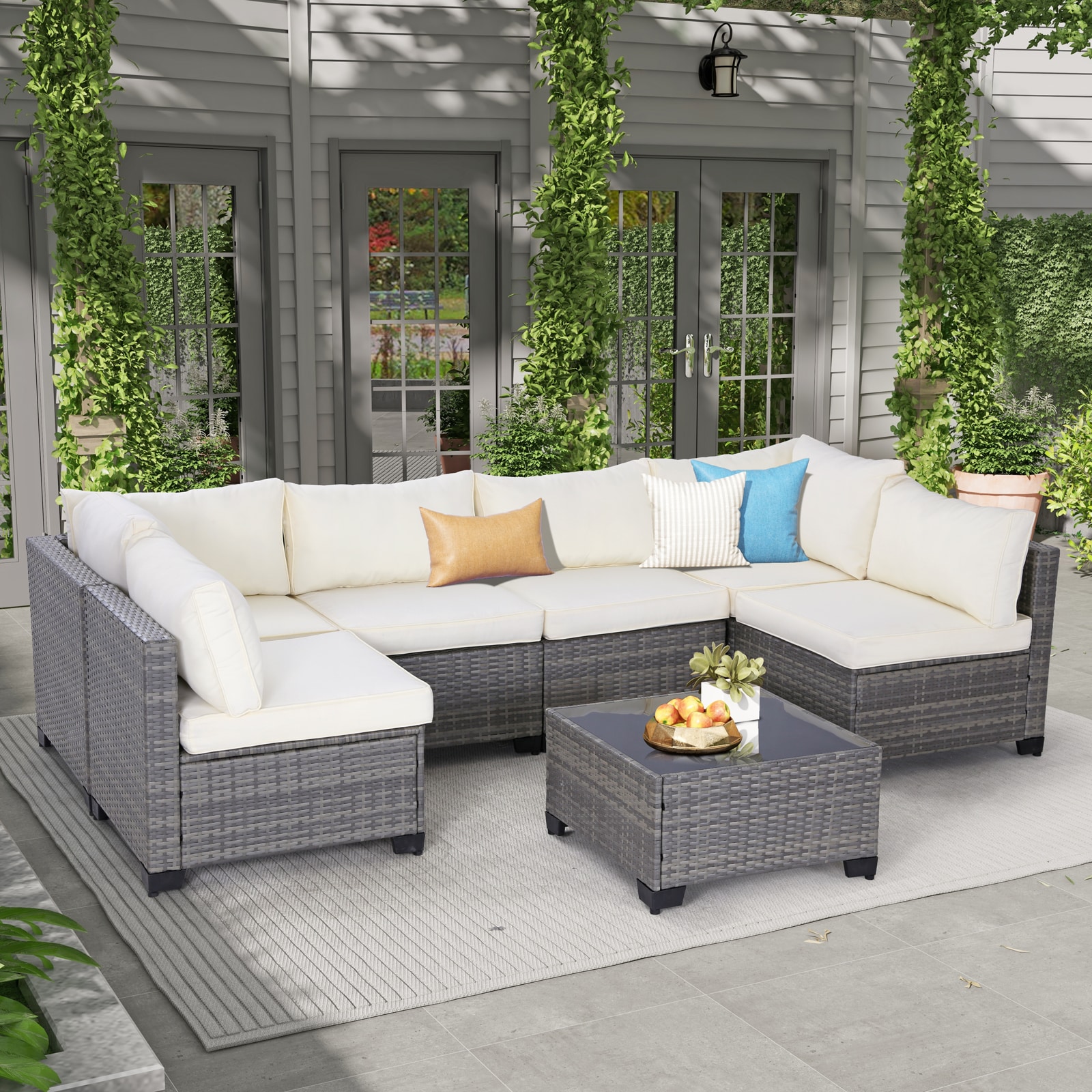 EarlGrove LS-F5787-BL02728 7 -Piece Wicker Patio Conversation Set with Beige Cushions