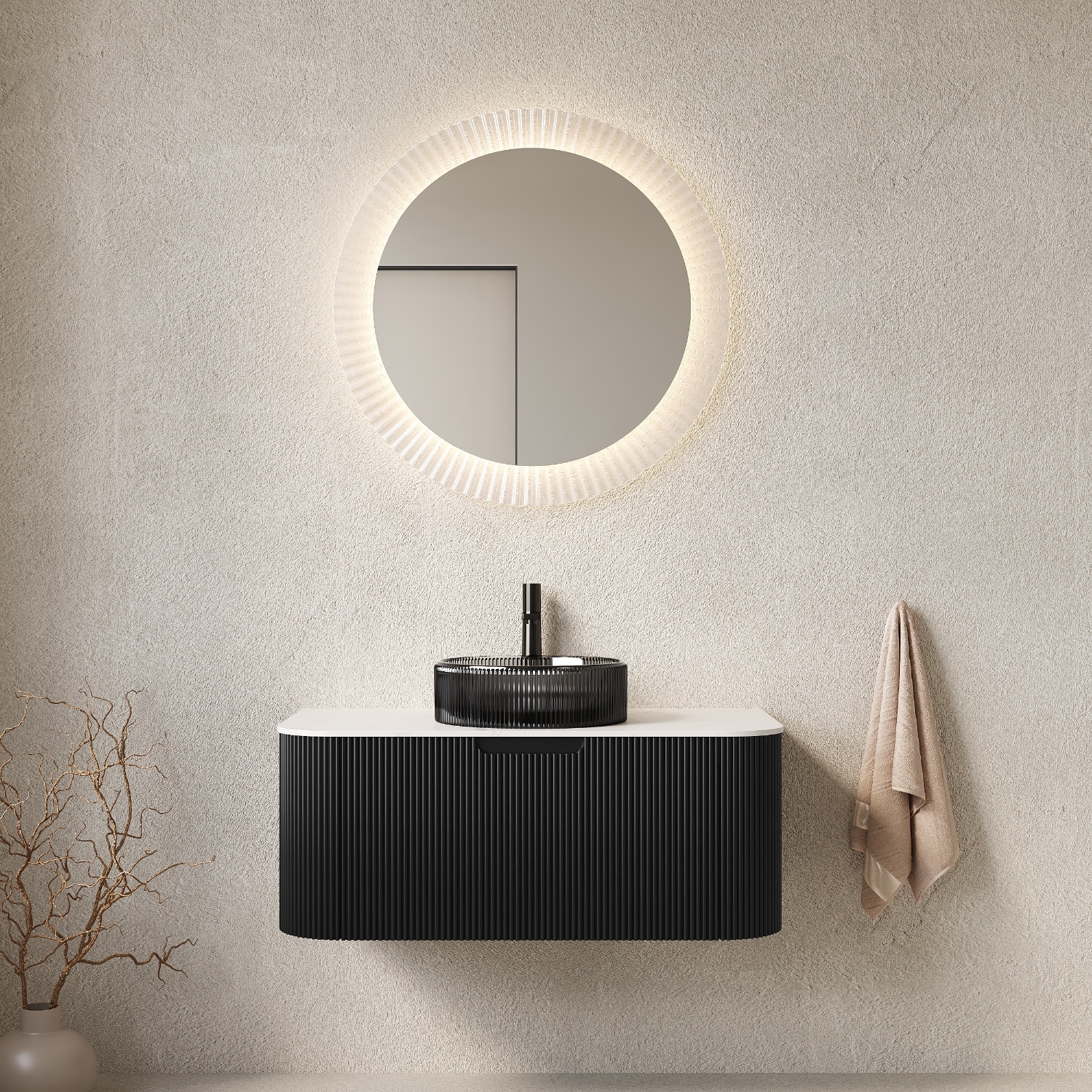 Wooakway - 36in Wall Mounted Bathroom Vanity with Black Glass Basin and Black Cabinet