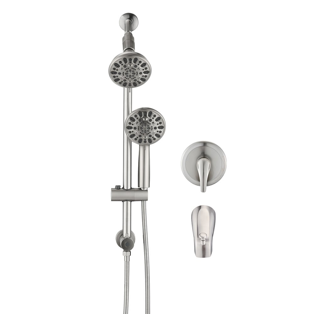EQLOO 5 Inch Brushed Nickel Rainfall Shower Head and Handheld Shower Combo with Drill Free 3 Way Diverter and Metal Tub Spout