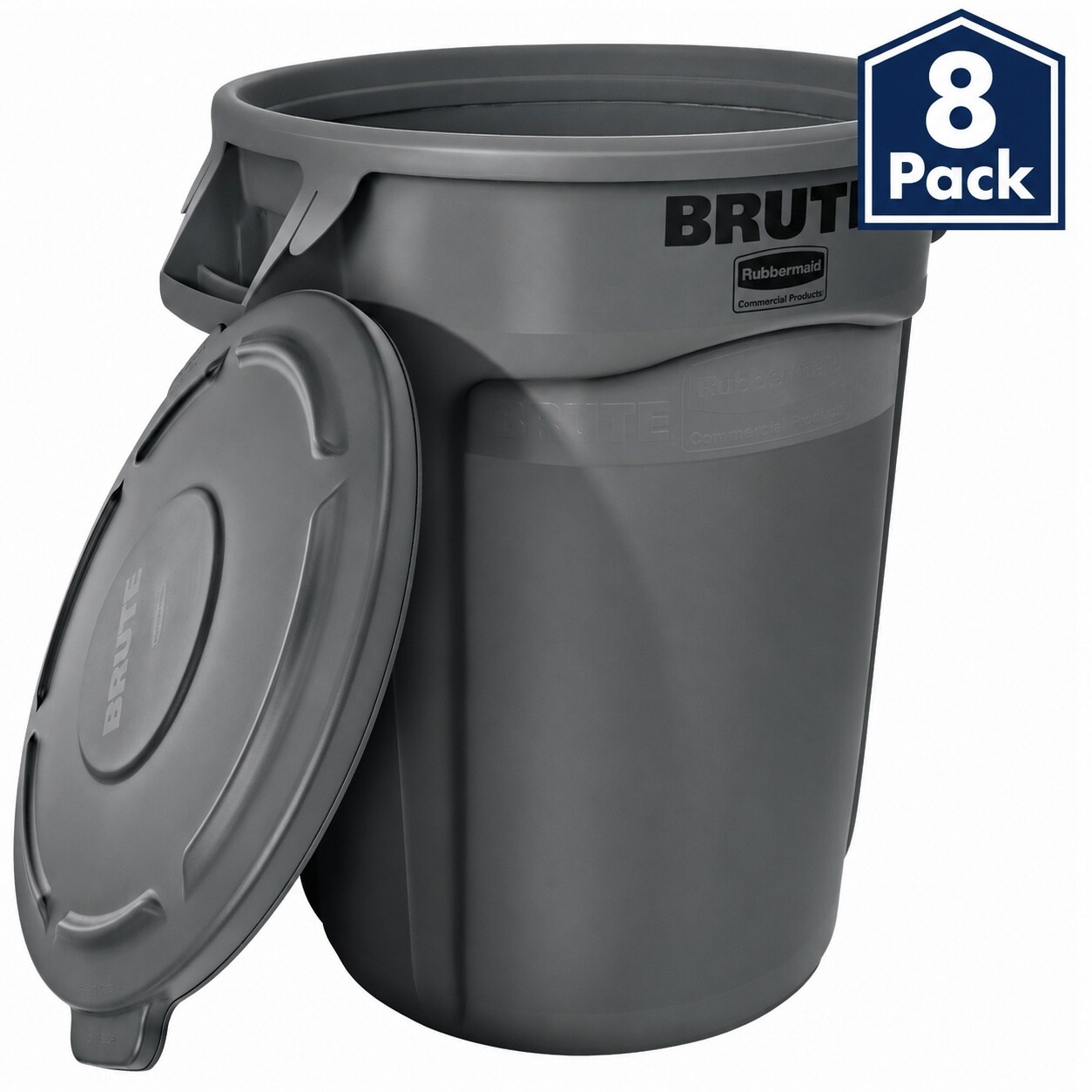 Rubbermaid Commercial Products (8-Pack) BRUTE 44 Gallon Gray Plastic Indoor/Outdoor Detached Lid Trash Can