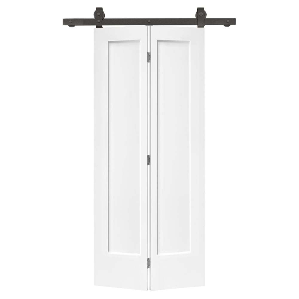 RITSU - 30 in x 80 in MDF Composite 1-Panel Shaker White Painted Bi-Fold Barn Door with Sliding ...
