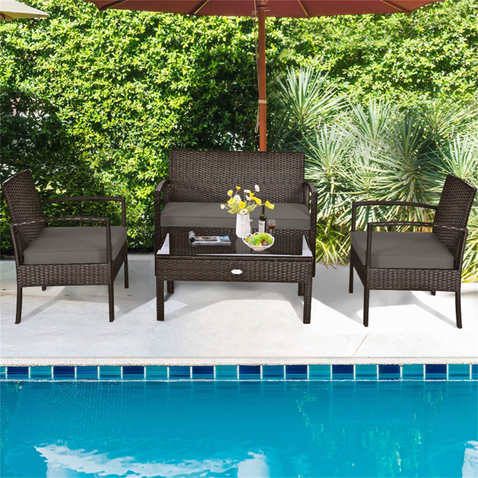 BABOOM BOM-8640B+-CO Patio Rattan Furniture Set 4 -Piece Rattan Patio Conversation Set with Brown Cushions