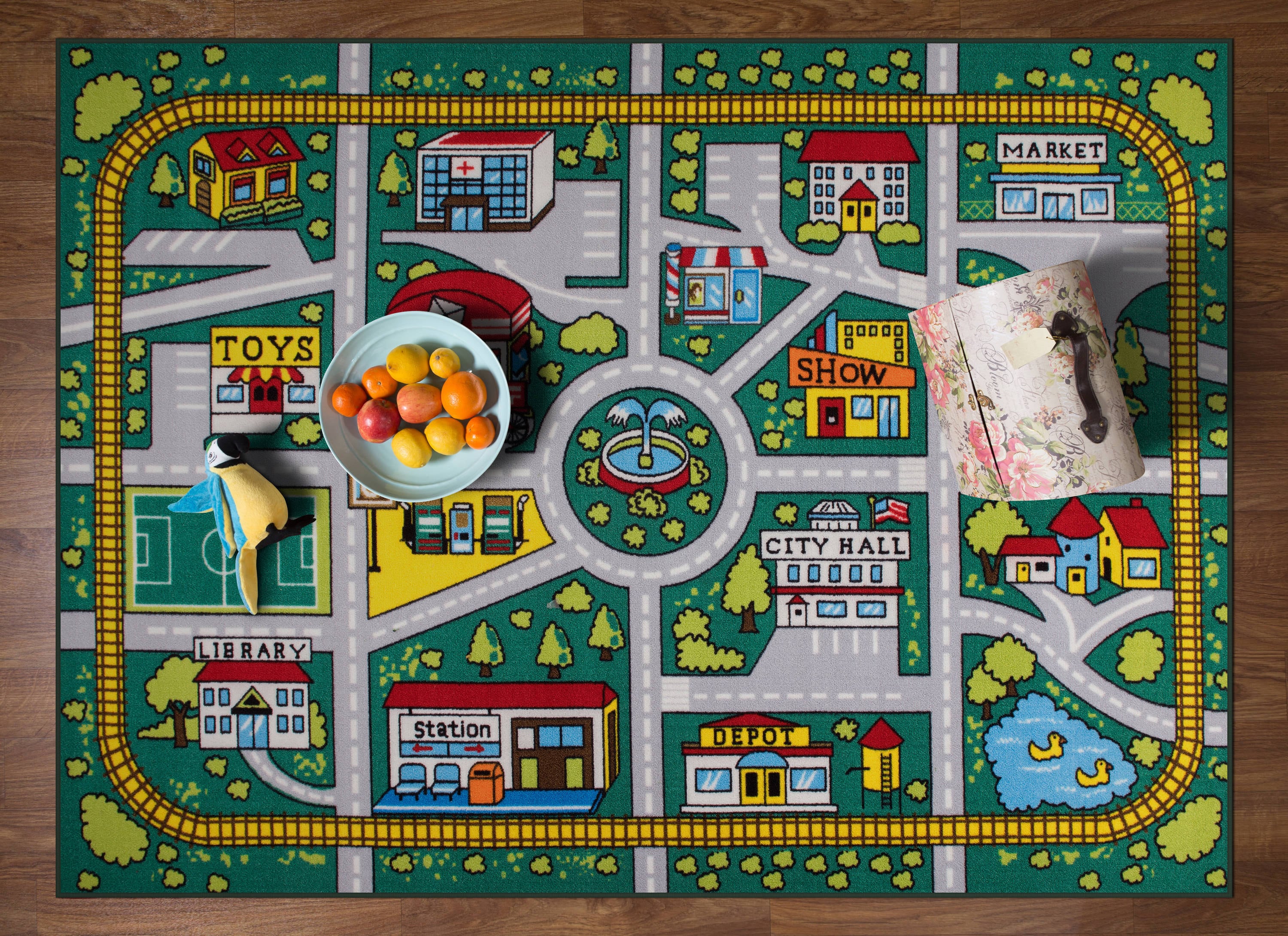 Green Nylon Kids Educational City Life Road Area Rug