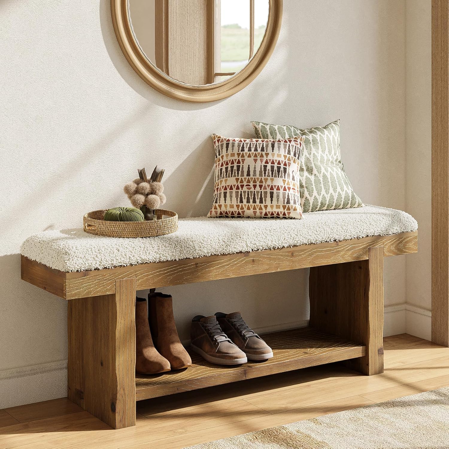 LITTLE TREE - 47.2 Farmhouse Brown Solid Wood Entryway Bench 2-Tier Upholstered Bedroom Bench wit...