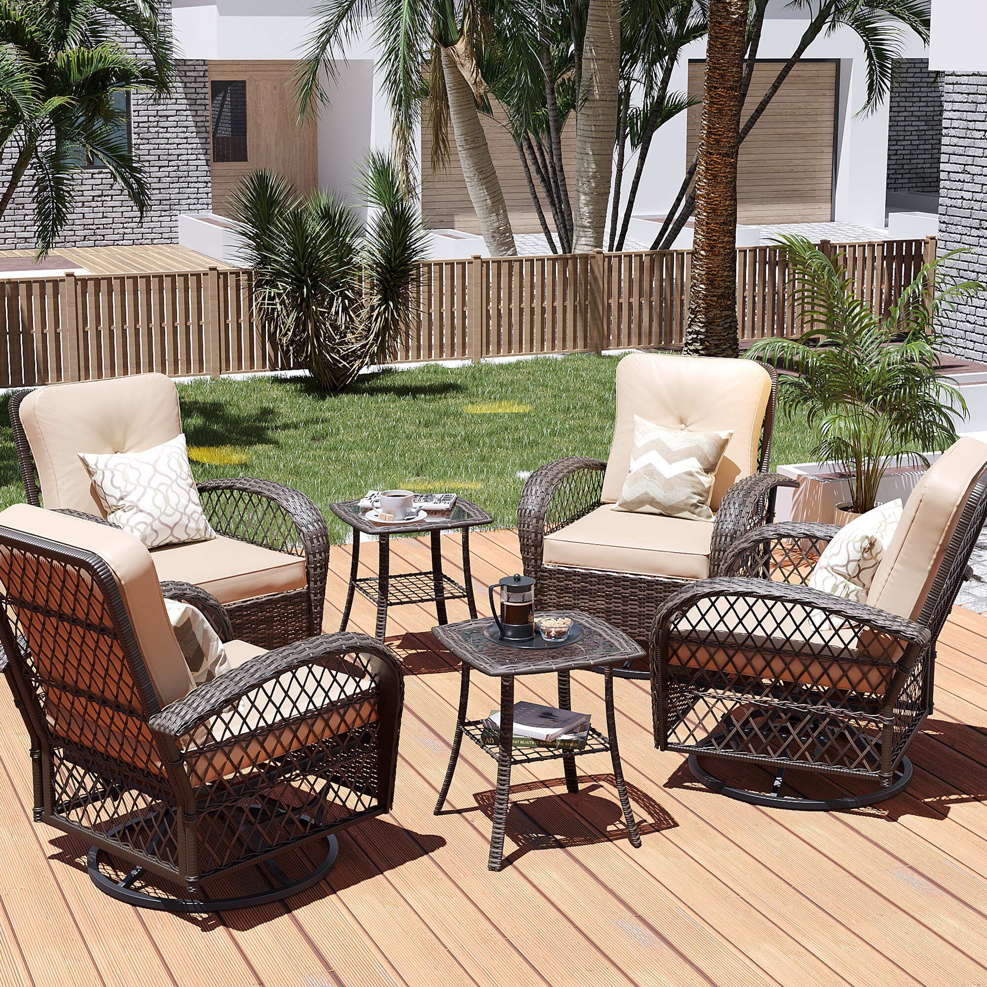 Patio Watcher LS-Y9-6PC-B1 Rattan Bistro Set 6 -Piece Rattan Patio Conversation Set with Beige Cushions