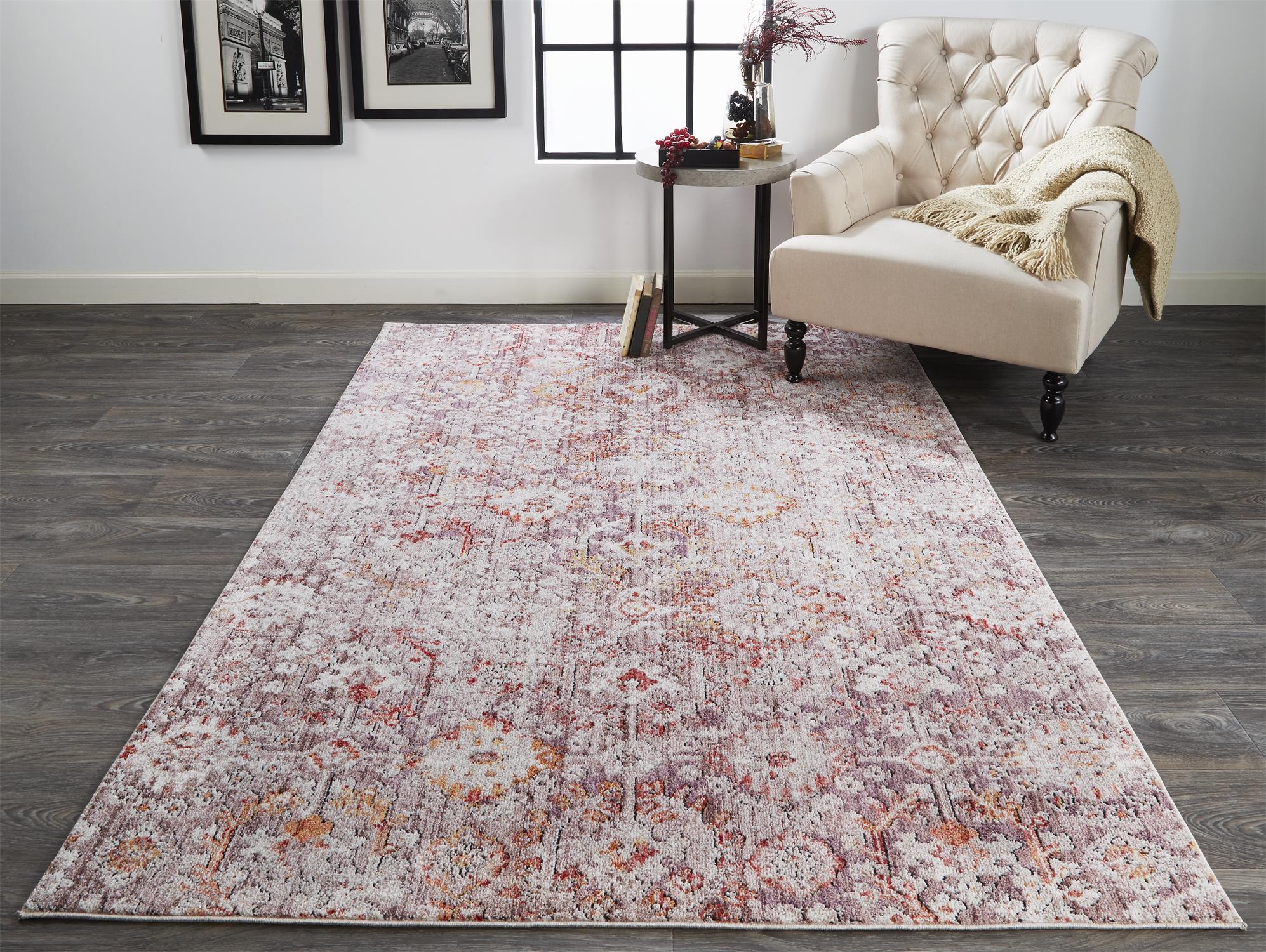 Ivory and Pink Floral Synthetic Rectangular Area Rug