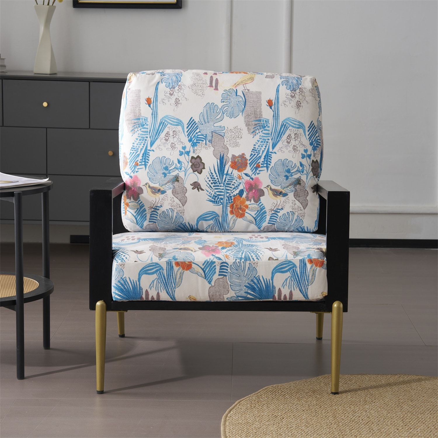 Dimakai Blue Floral Velvet Accent Armchair