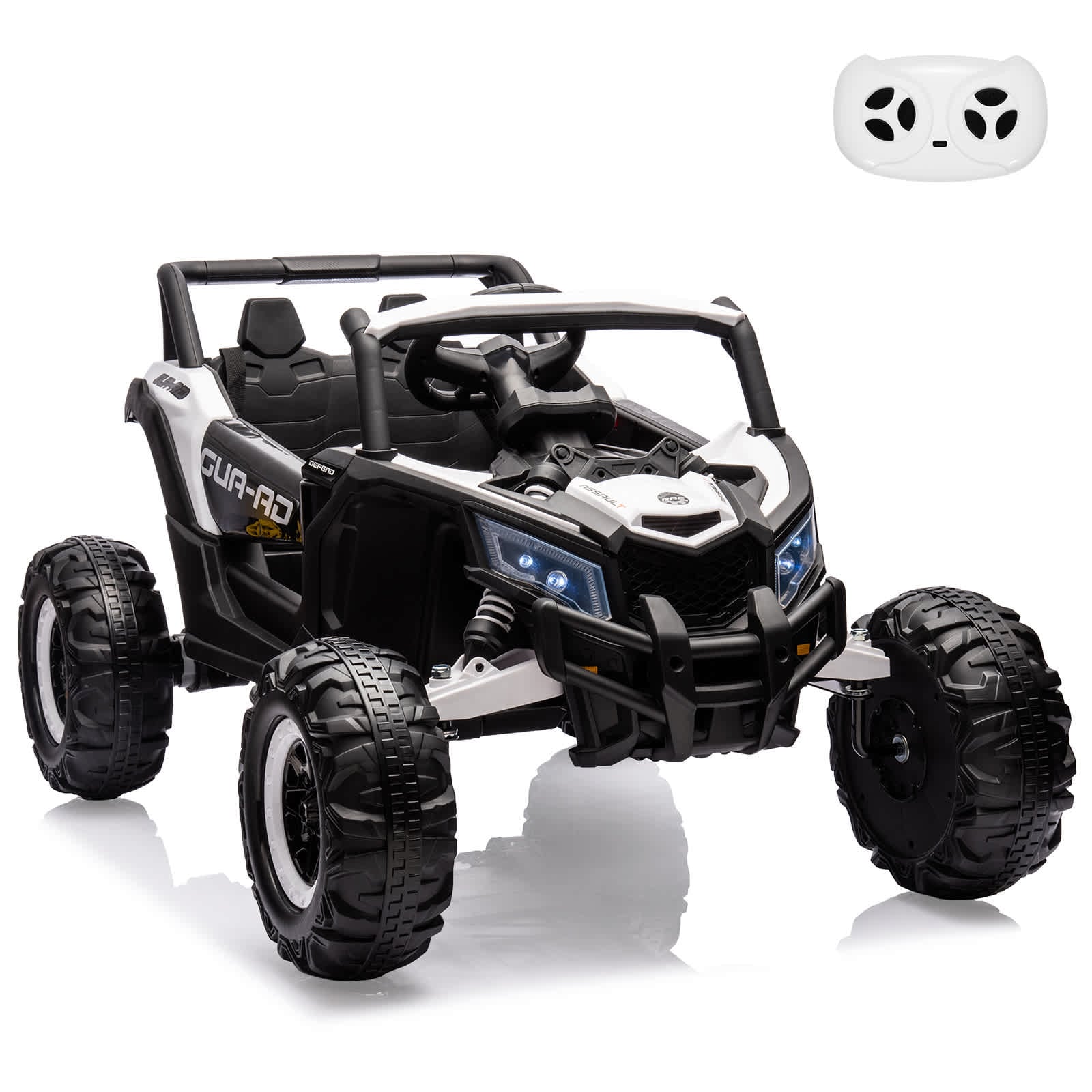 Qeetex TOYPTO0YUPGS2G 24V Ride On UTV Car For Kids With Remote Control 200W Motors Led Lights Usb Music Spring Suspension And Metal Frame White