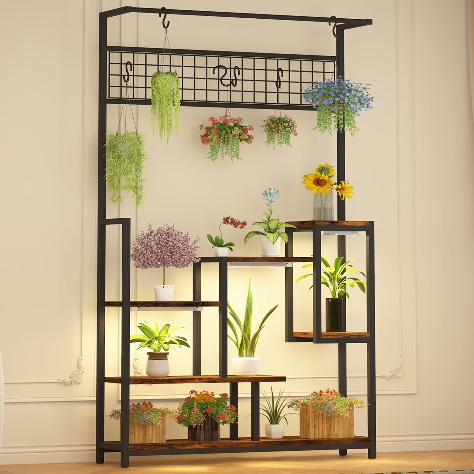 Qeetex JXNAG-PHO-154MT4YF Plant Shelf with Grow Light Tall Plant Stand Indoor 7 Tiered Large Metal Shelf with Hanging Hooks Multi-Purpose Display Rack Flower Bonsai Pots Organizer for Balcony Living Room