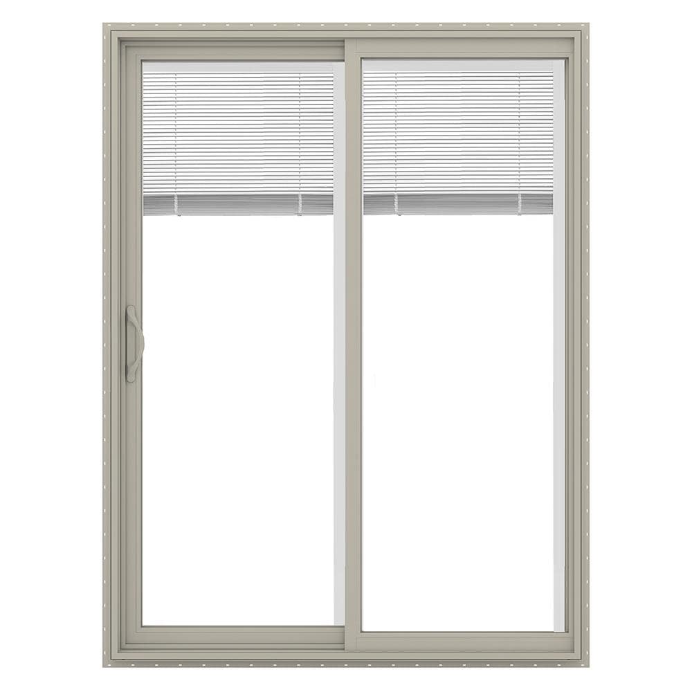 JELD-WEN 60-in x 80-in x 4-9/16-in Jamb Low-e Blinds Between The Glass Desert Sand Vinyl Sliding Left-Hand Sliding Double Patio Door Screen Included -  LOWOLJW181500087