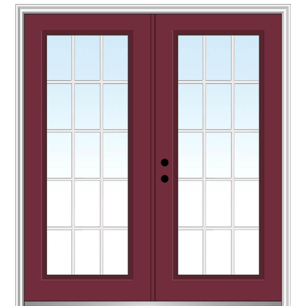 MMI DOOR ZZ04930R 72-in x 80-in x 4-9/16-in Fiberglass Full lite Right-hand inswing Burgundy Painted Prehung Double Front Door with Brickmould Insulating core with Grilles
