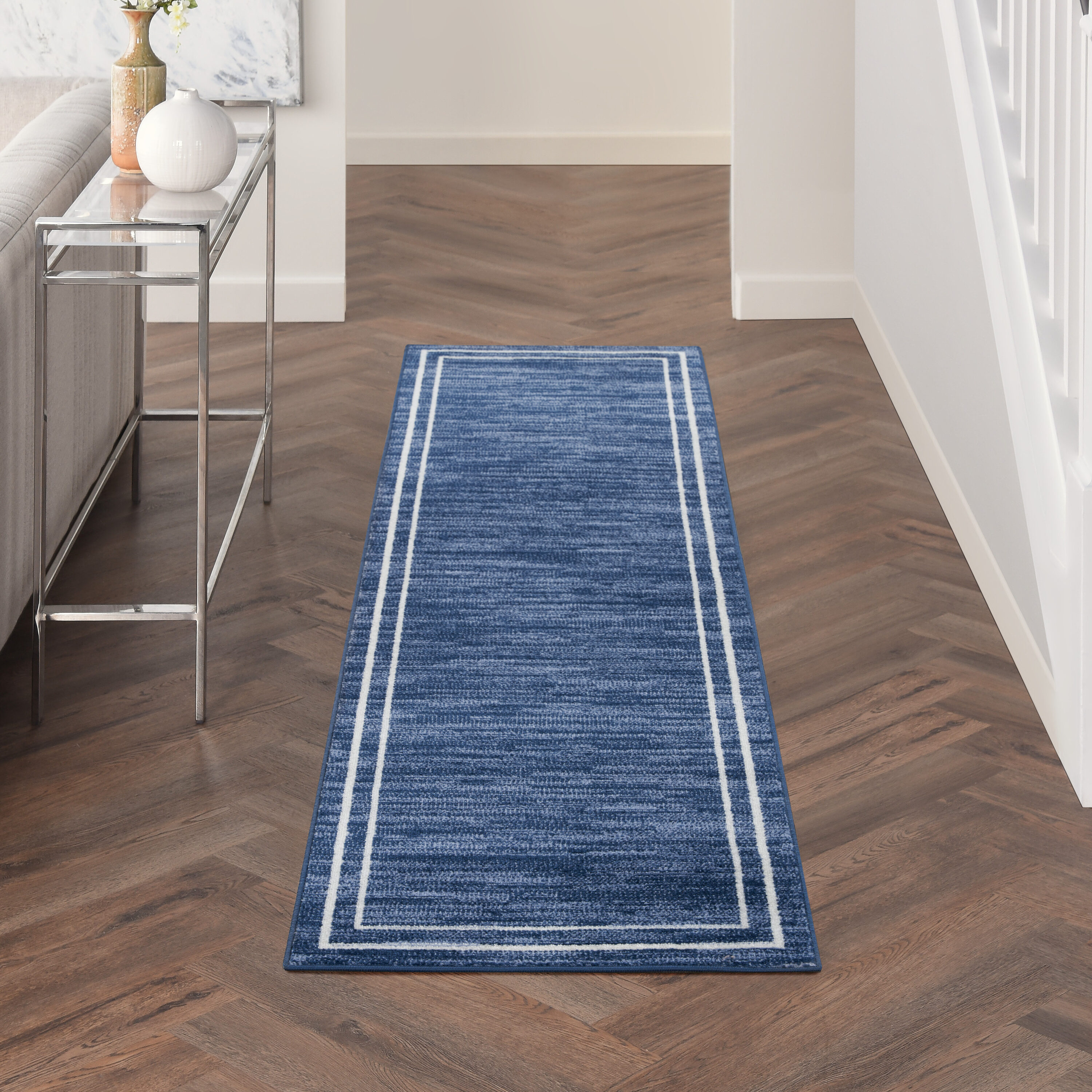 Nourison 099446148452 Essentials 2 x 6 (ft) Loomed Polypropylene Navy/Ivory Rectangular Indoor/Outdoor Solid Runner rug