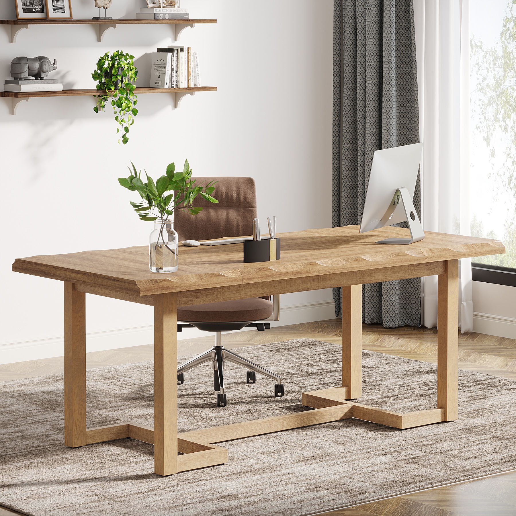 Fnova LWTJ-XK00536 Light Brown Farmhouse Dining Table, MDF with Wood finish Wood 62.25-in L x 29.5-in H