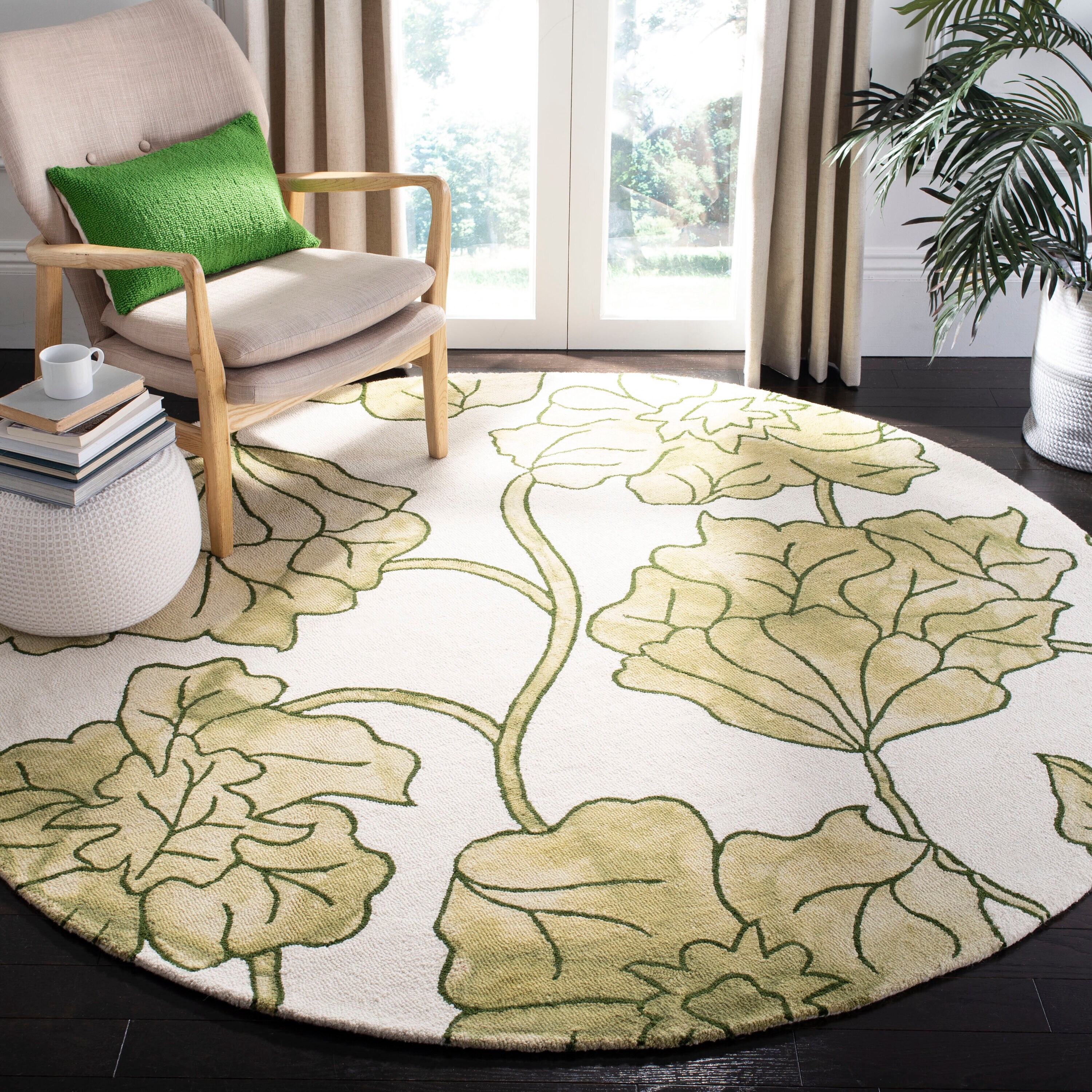  Dip Dye 683 Ivory/Light Green Country Floral 7ft x 7ft Round Rug