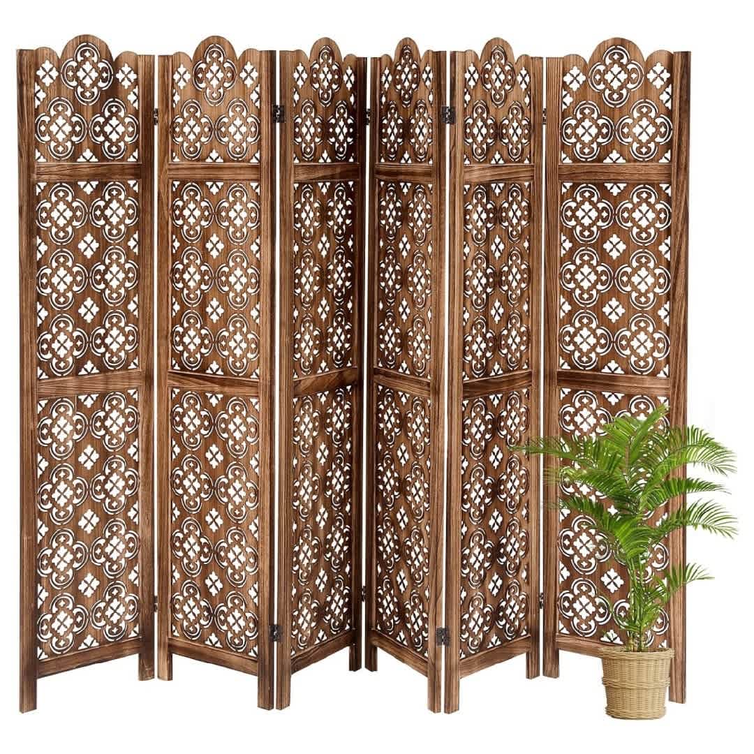 Qeetex GGL-PHO-34PESQRW 67inch 6-Panel Wood Carved Folding Room Divider Freestanding Privacy Screen Partition for Home Office Bedroom Restaurant - Free Assembly