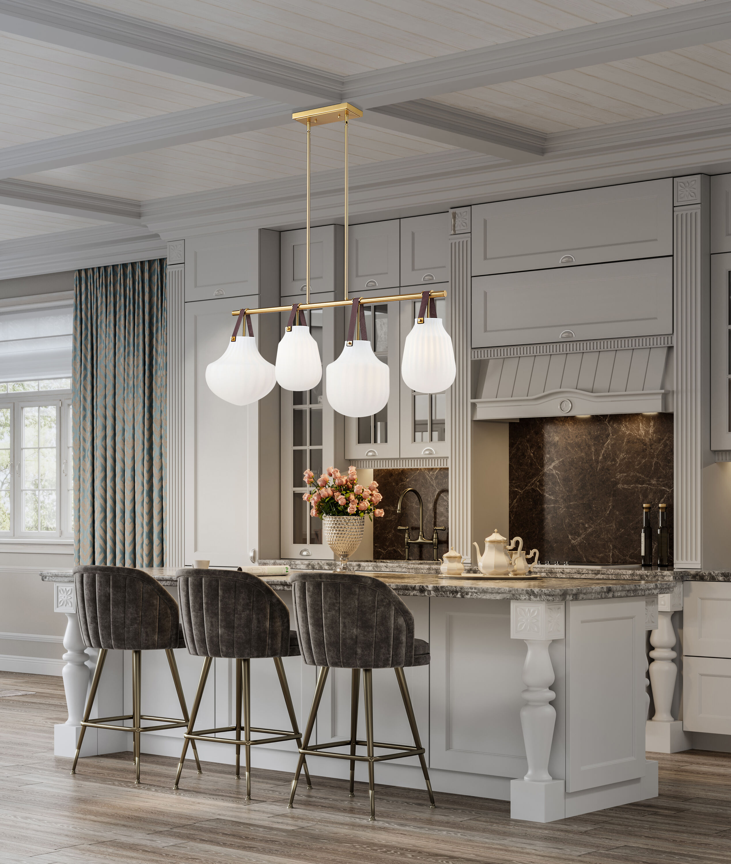 Modern Gold 4-Light Linear Chandelier with Glass Shades