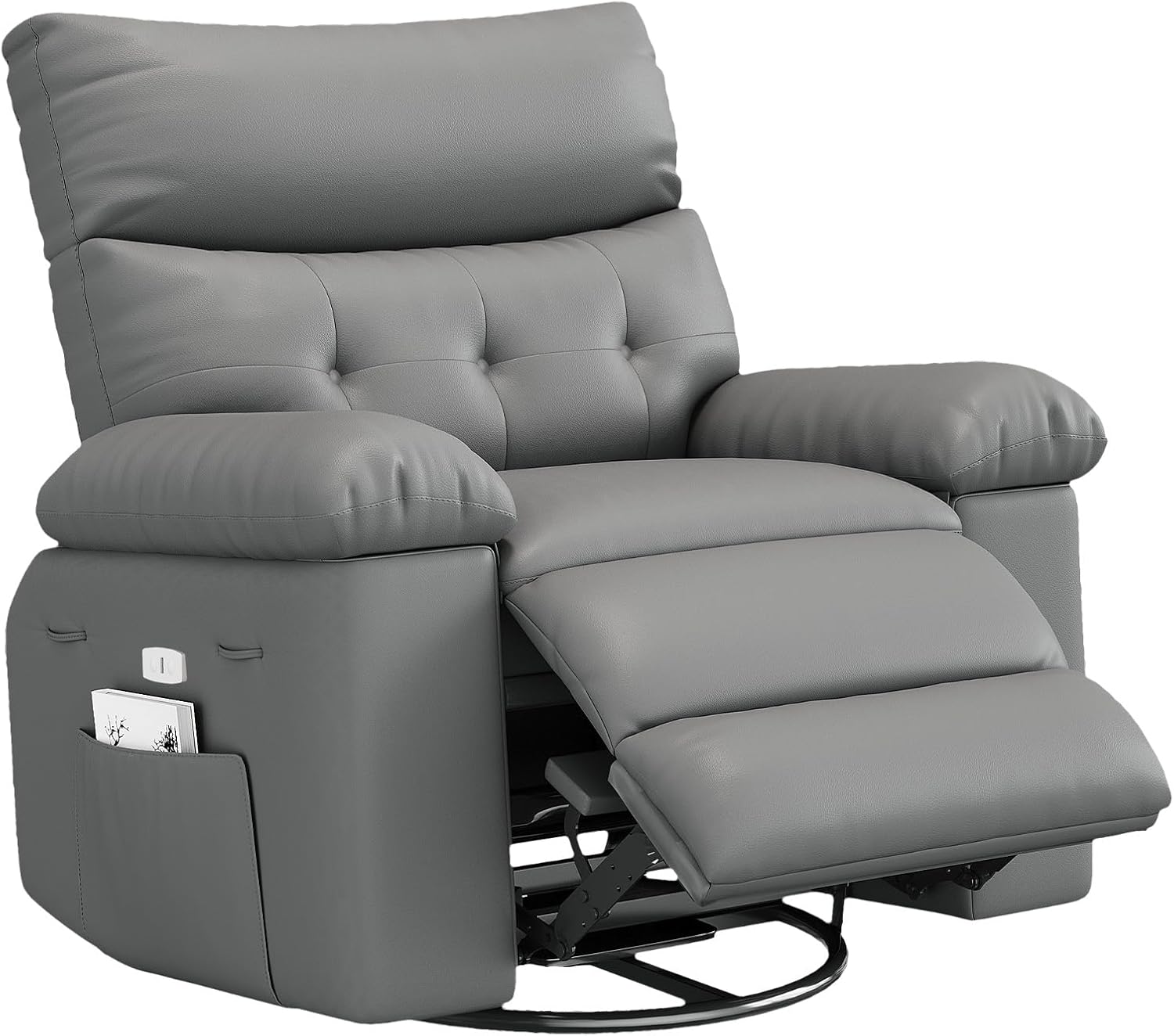 Qeetex ABODE-PHOKEV9 Oversized Lazy Recliner Chair With 360 Degree Swivel Manual Reclining Up To 135 Degrees PU Faux Leather Upholstery Metal Frame High Density Padding And Side Pocket For Living Room Bedroom Gray