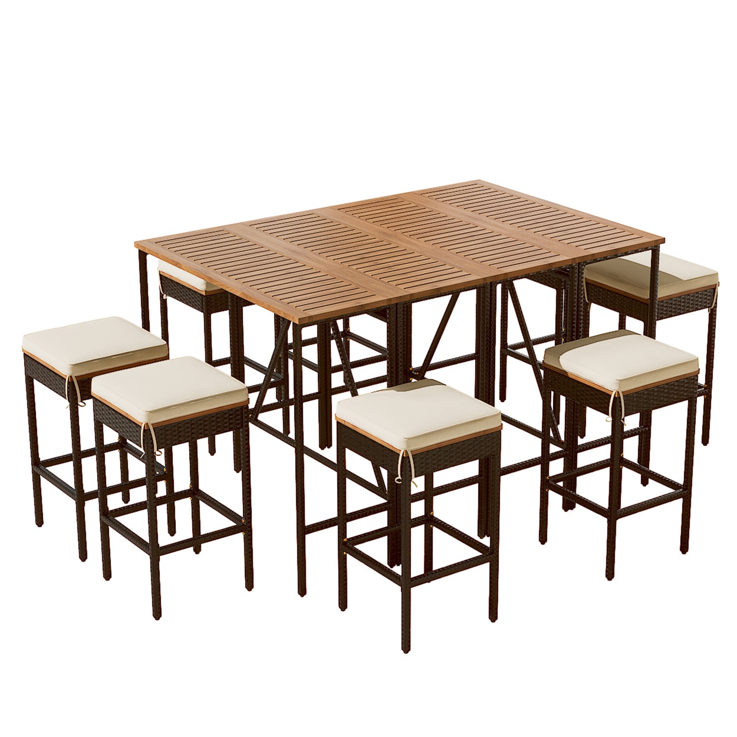Bybafun YA3800143 10 -Piece Black Wicker Balcony Height Patio Dining Set Extendable Table Iron Rectangle Table with 8 Off-white Cushions Stationary Chairs