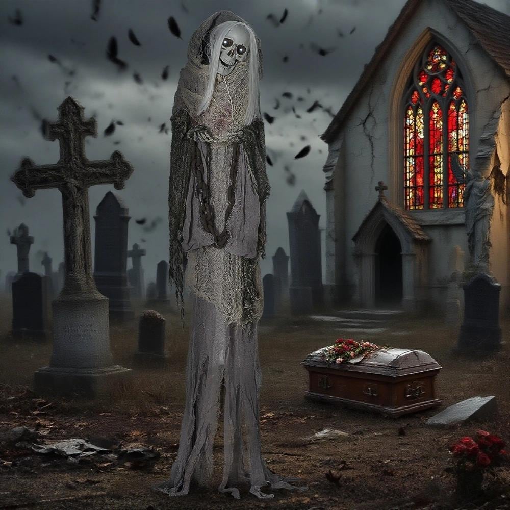 Tatayosi T-382650 Outdoor Halloween Decorations Skeleton Witch Sound and Motion Activated Animated Prop Animatronic Decor with Light Up Eyes Spooky Sound