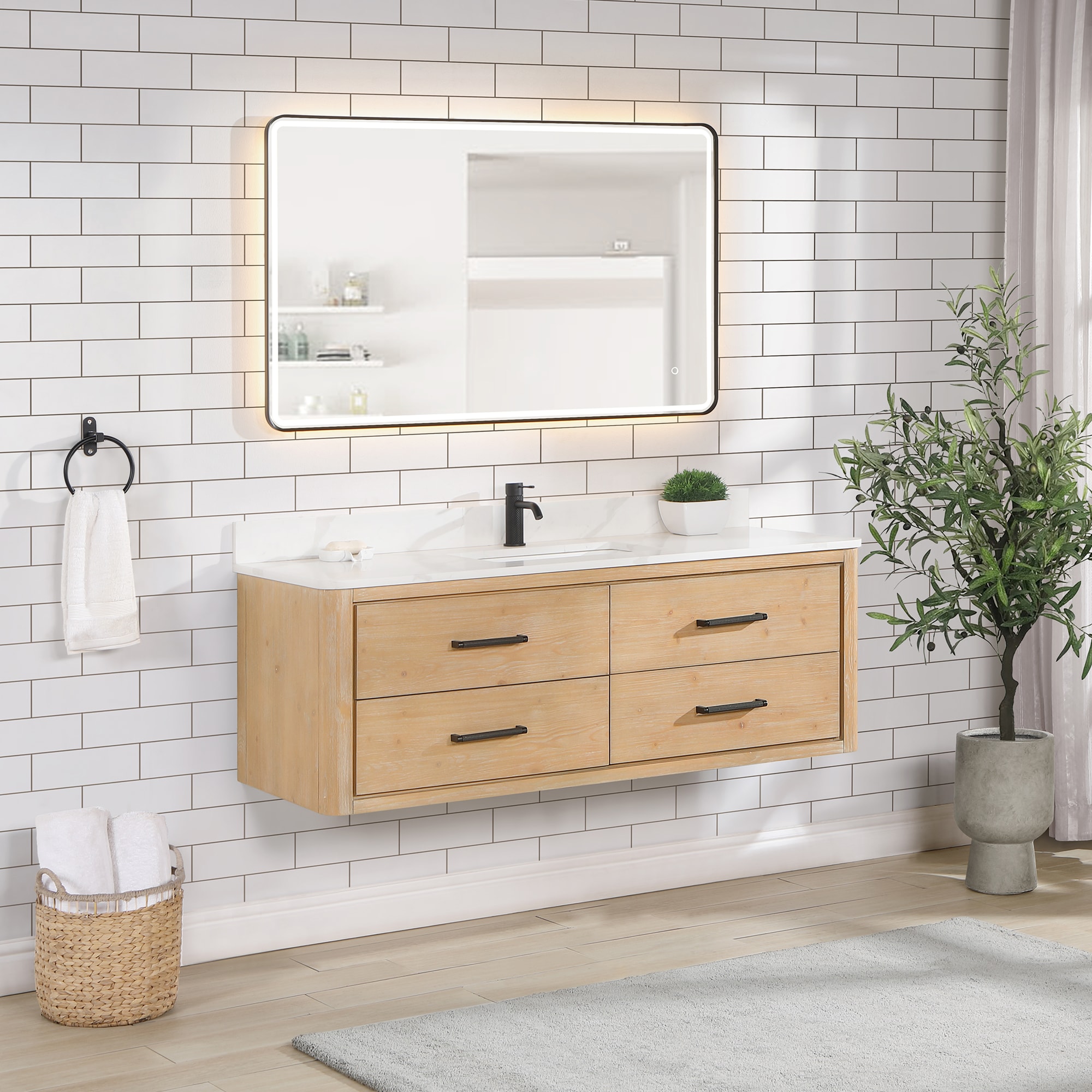 Vinnova Cristo 55 in. Floating Single Bath Vanity in Fir Wood Brown ...