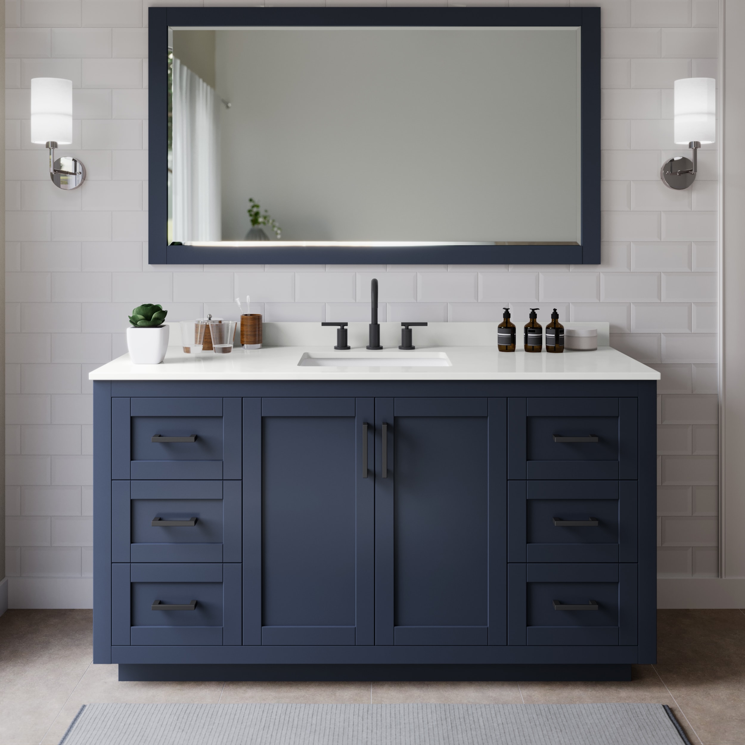 Wyndham Collection WCF292966SBBWQUS3MXX Miranda 66-in Dark Blue Undermount Single Sink Bathroom Vanity with White Quartz Top