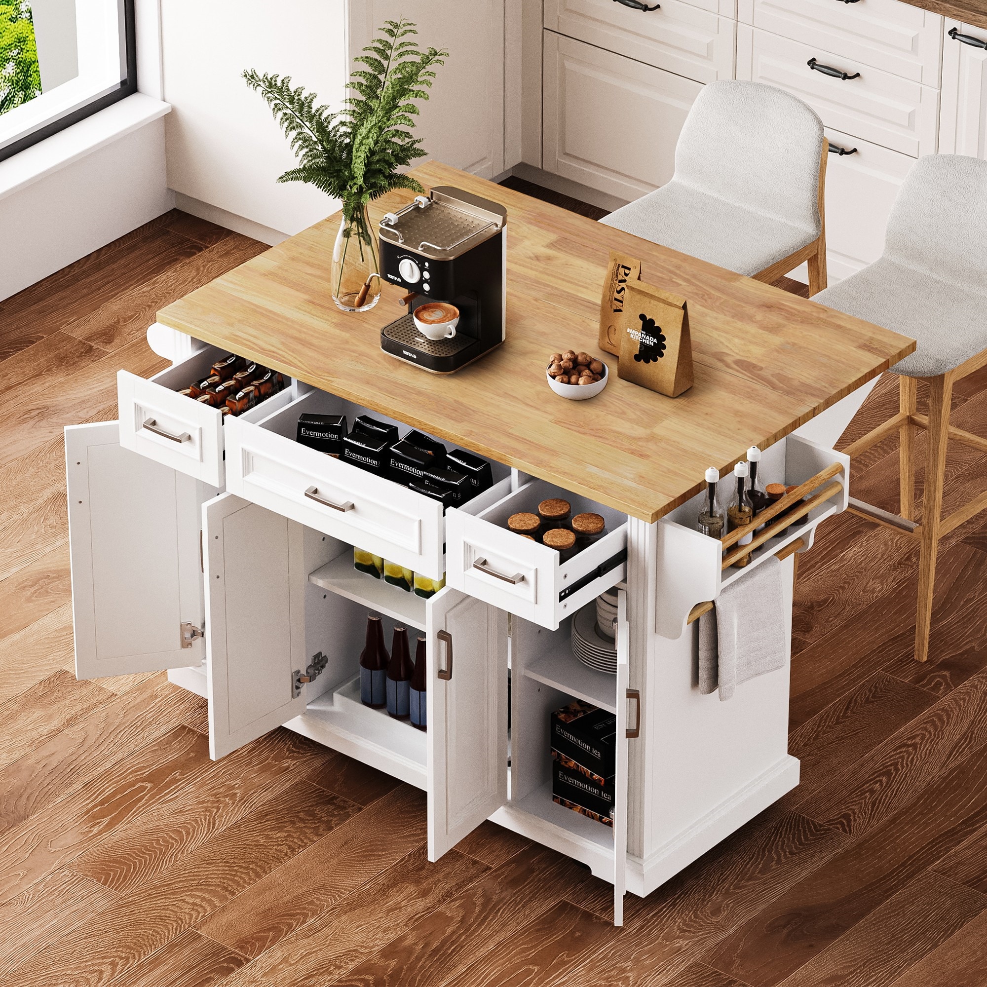 BABOOM - White MDF Base with Wood Rolling Kitchen Island ( 29.5-in x 54.1-in x 35.9-in )