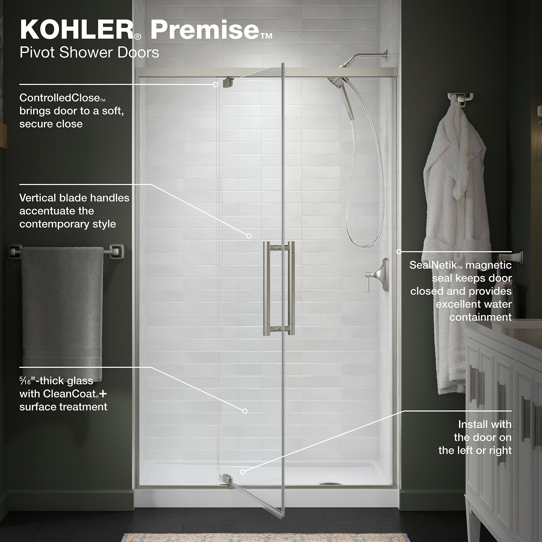 KOHLER Premise Anodized Brushed Nickel 43-5/8-in to 47-5/8-in W x 76.06 ...