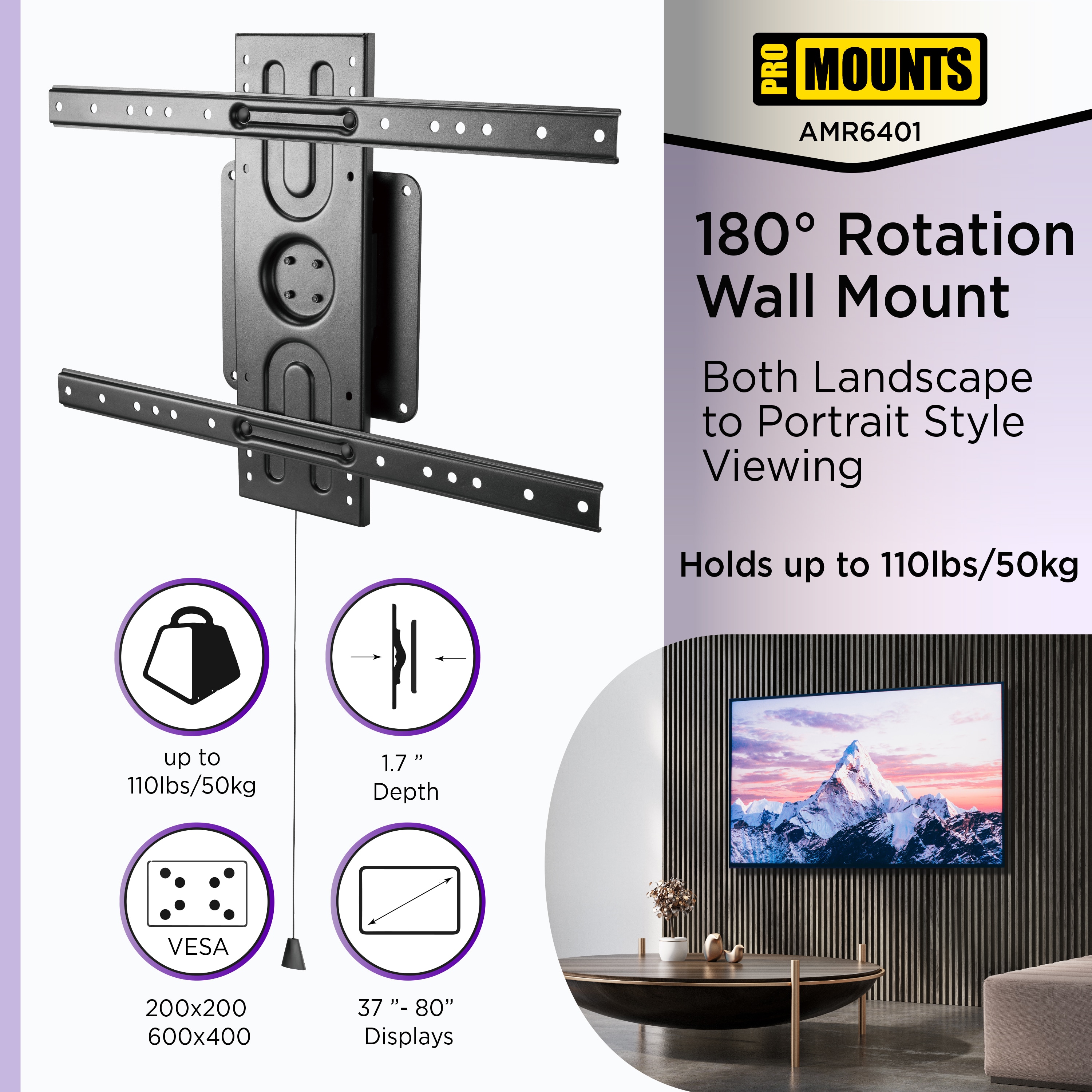 180-degree Rotating Horizontal to Vertical TV Wall Mount Fixed Indoor Wall Tv Mount Fits TVs to 80-in (Hardware Included) in the TV Mounts department at Lowes.com