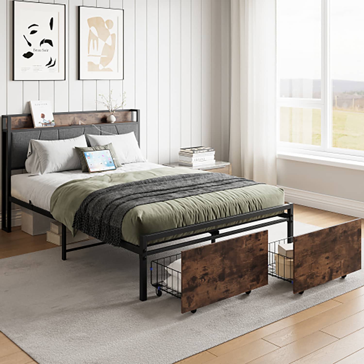 GZMR GZ-HF37806 Brown Full Metal Bed frame Bed with Storage