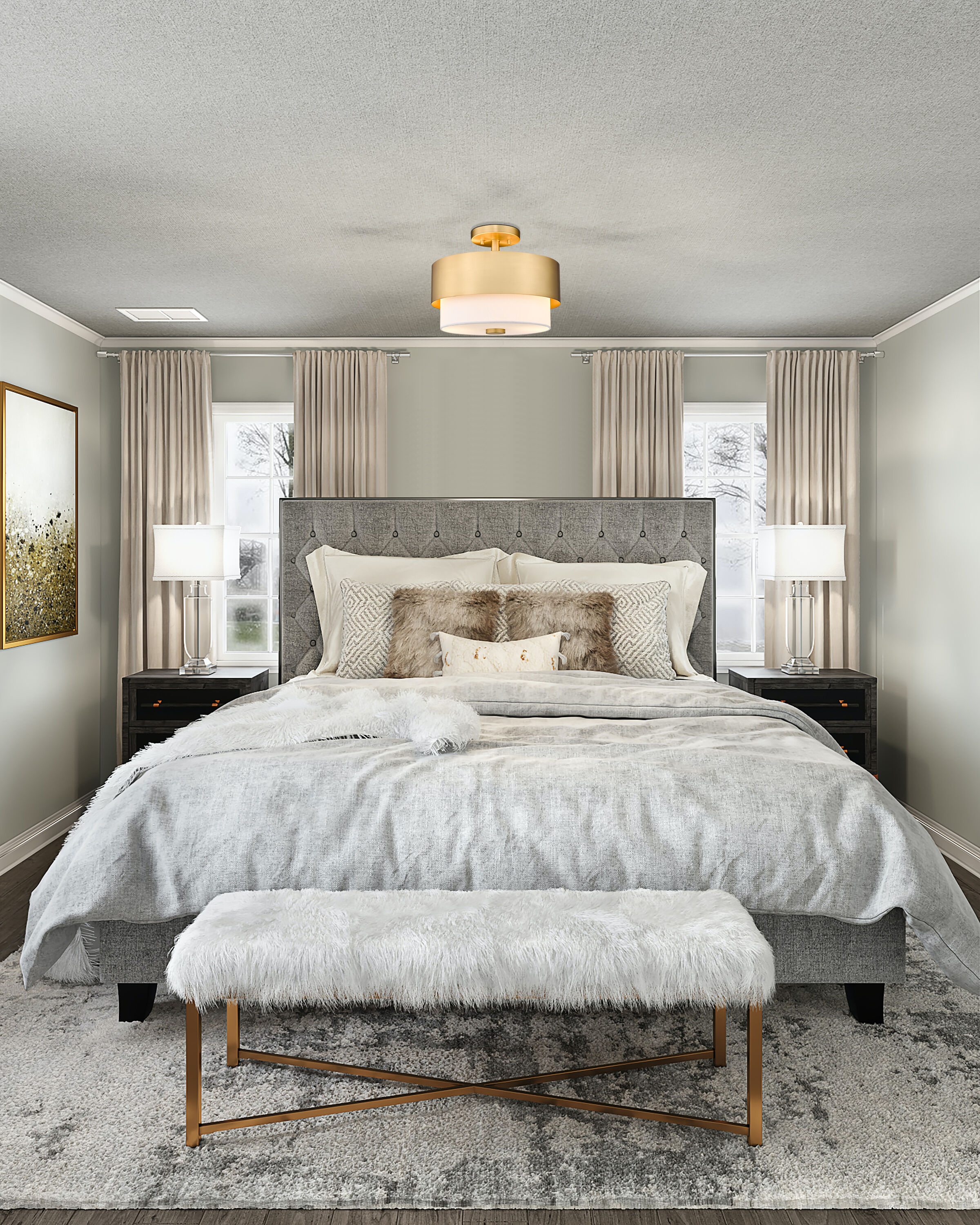 Matte Black and Brass Drum Semi-Flush Mount Light