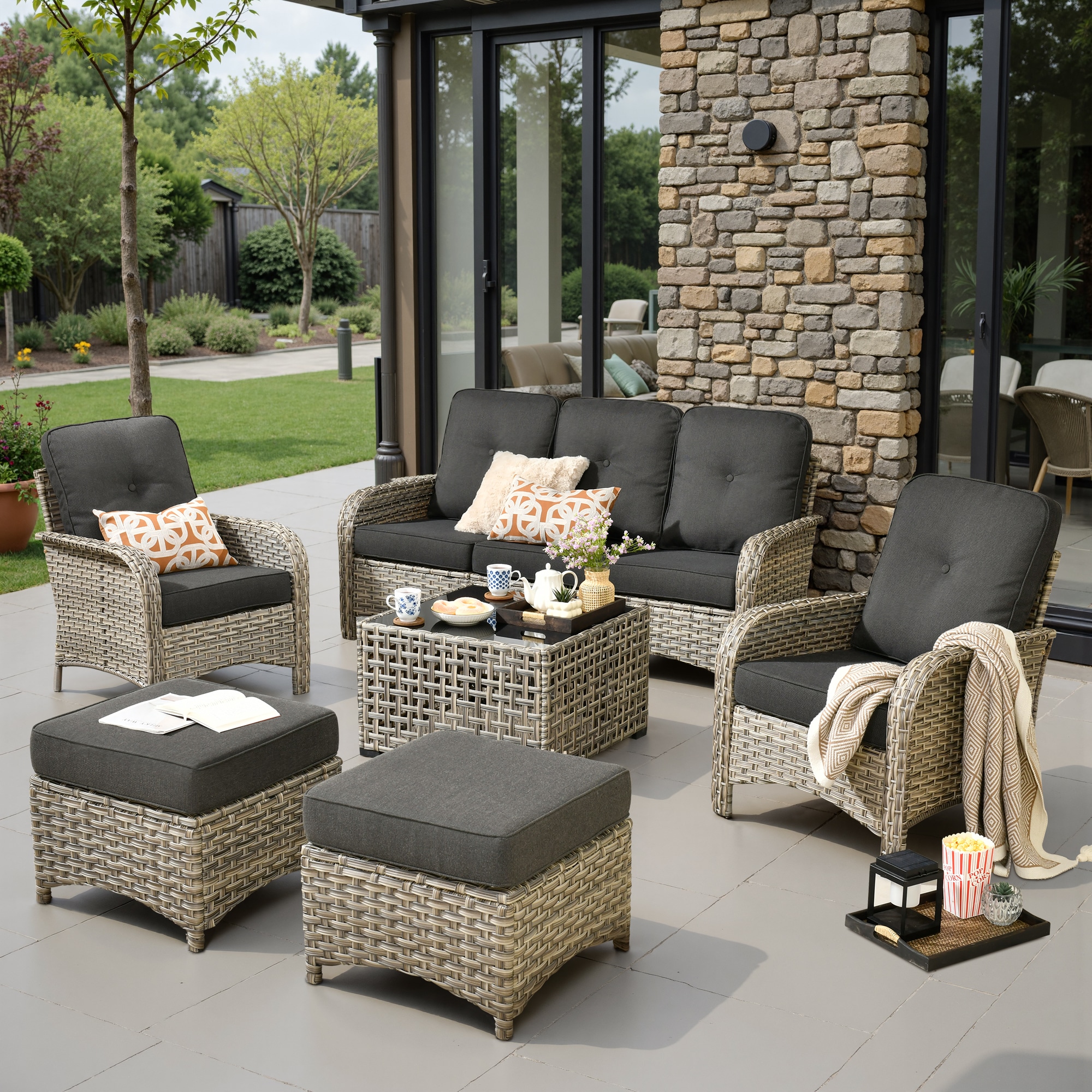 weaxty HMBVNC100S61 Belvoir 6 -Piece Wicker Patio Sofa Conversation Set with Black Cushions
