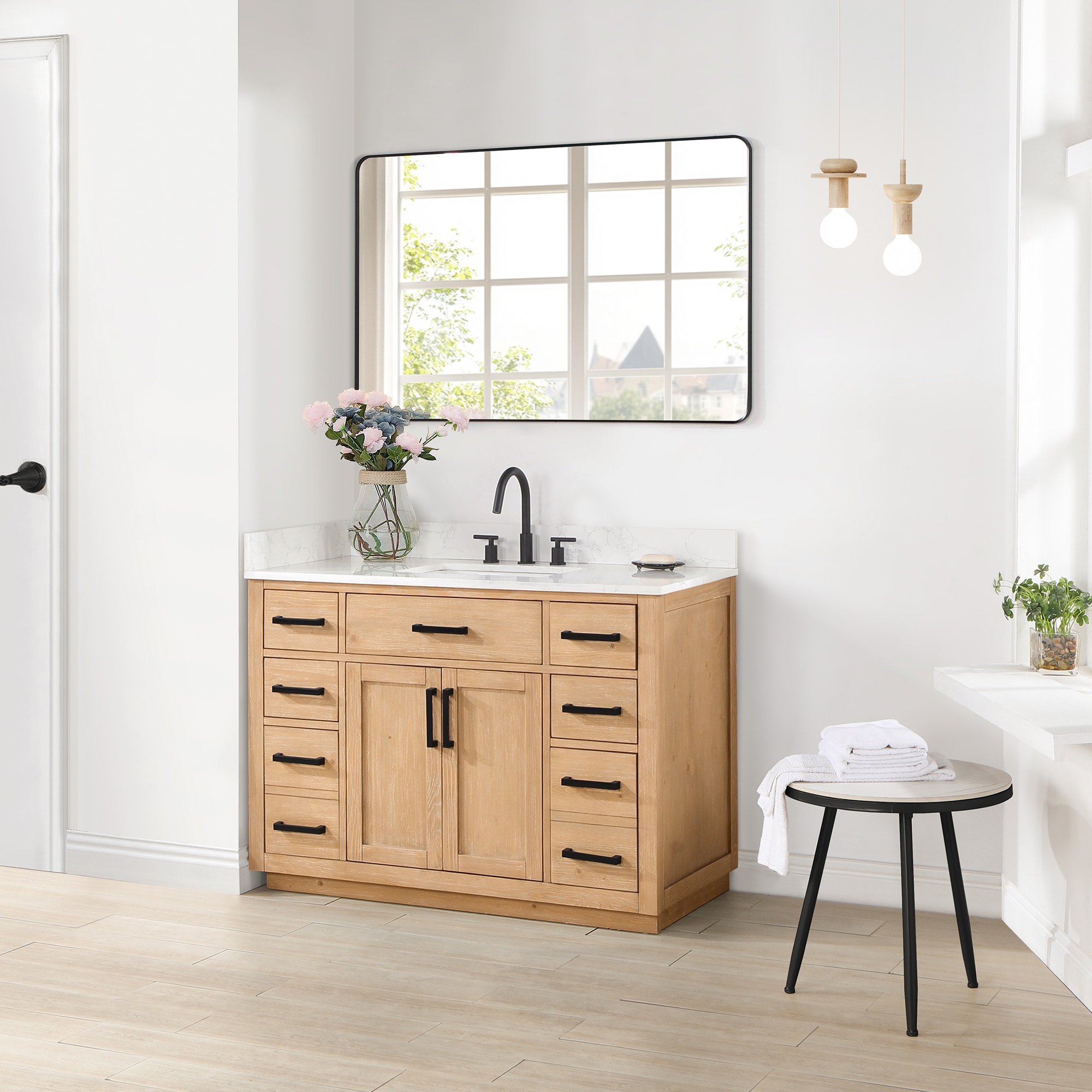 Gavino 48" Light Brown Wood Vanity with Mirror and Stone Top