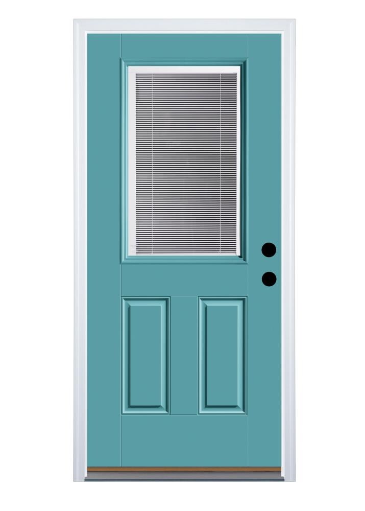 Therma-Tru Benchmark Doors TTB630187 32-in x 80-in Fiberglass Half Lite Left-Hand Inswing Teal Painted Prehung Single Front Door with Brickmould Insulating Core with Blinds