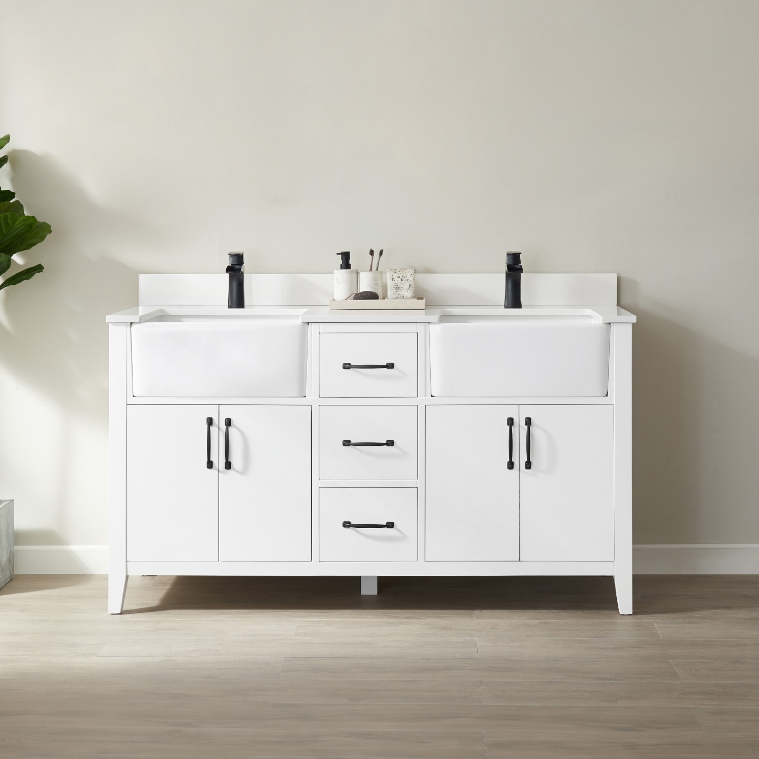 Vinnova 797060-WH-WH-NM Sevilla 60-in White Farmhouse Double sink Bathroom Vanity with White Engineered stone Top