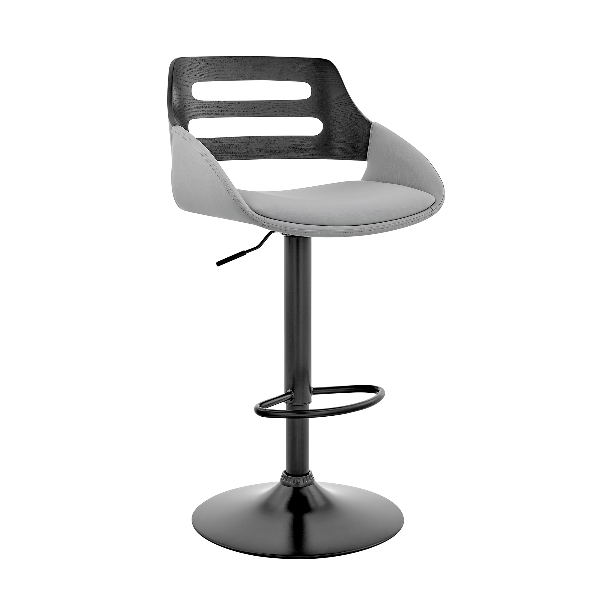 Armen Living LCKTBABLBLGR Karter Gray Black 25.0-in H Adjustable Height Counter height Bucket seat Upholstered Swivel Wood Bar Stool with Arms and Back