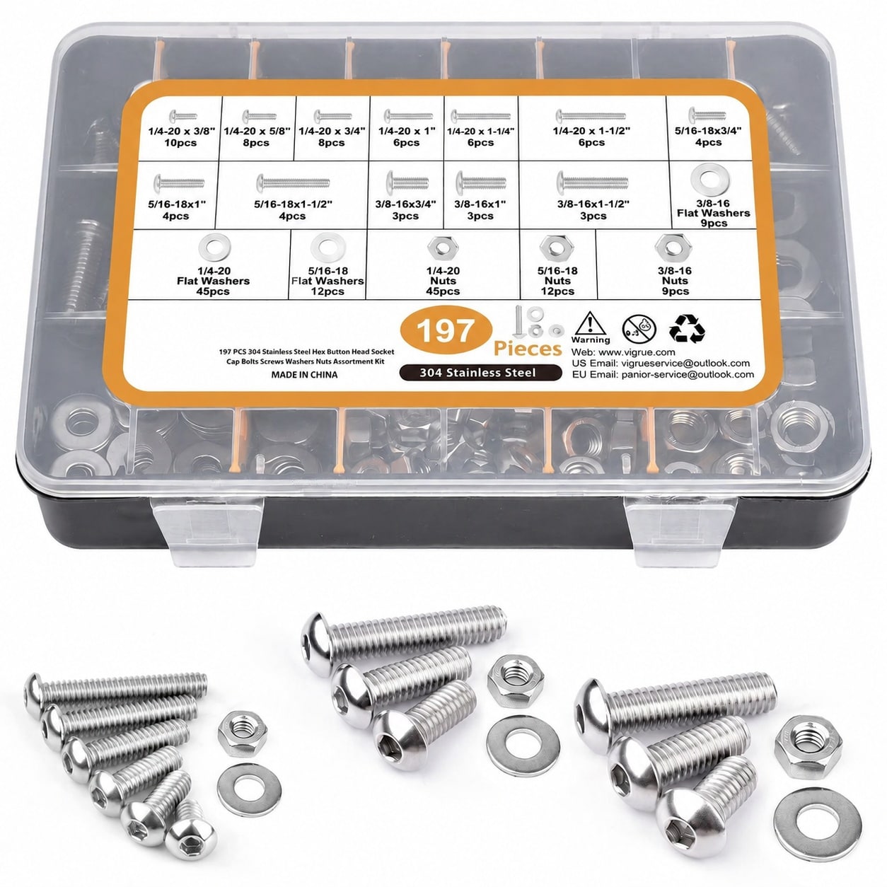 UUDULY  304 Stainless Steel Button Head Cap Screw Assortment Kit with Washers and Nuts 12 SAE Sizes for Home Repair and DIY Projects