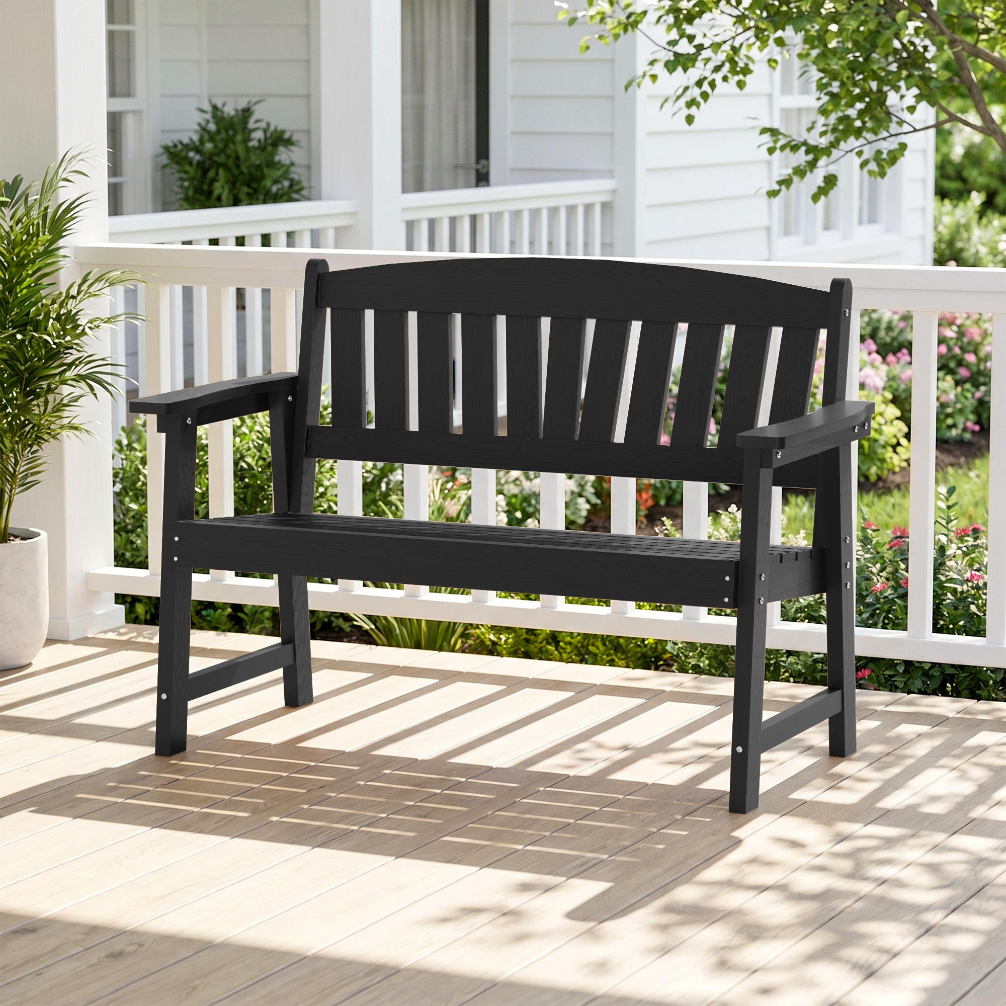 Rattaner Black 2-Person Outdoor Bench Heavy-Duty HIPS Weather-Resistant Garden Bench with Contoured Seat for Patio Porch and Backyard