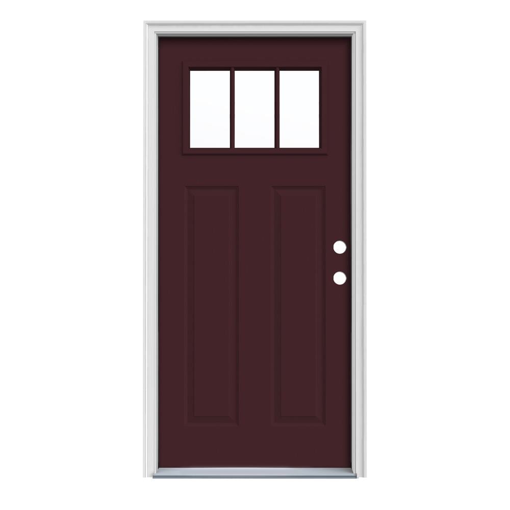 JELD-WEN LOWOLJW182400068 36-in x 80-in x 4-9/16-in Steel Craftsman Left-hand inswing Currant Painted Prehung Front Door with Brickmould Insulating core