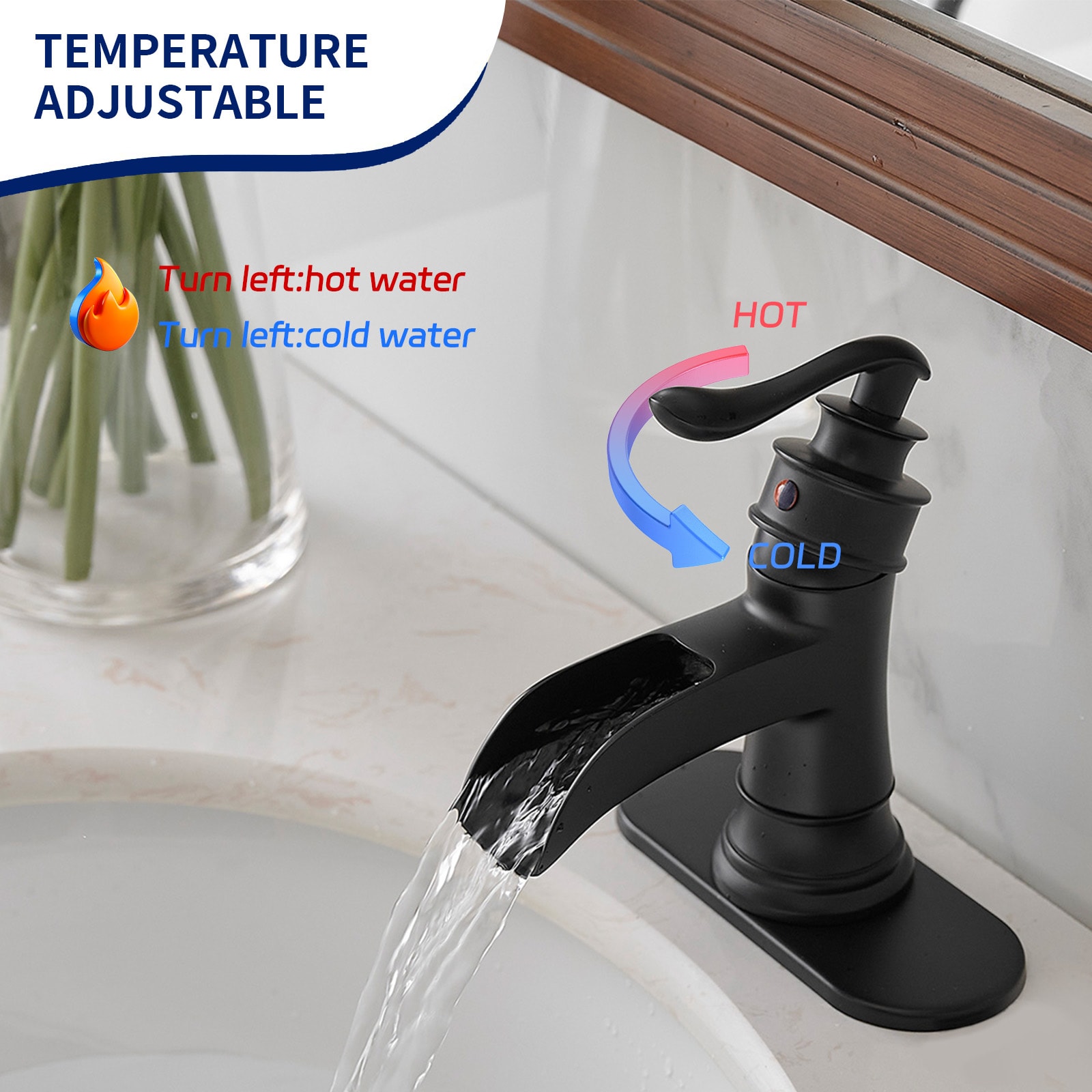 Matte Black Single-Handle Waterfall Bathroom Faucet with Deck Plate
