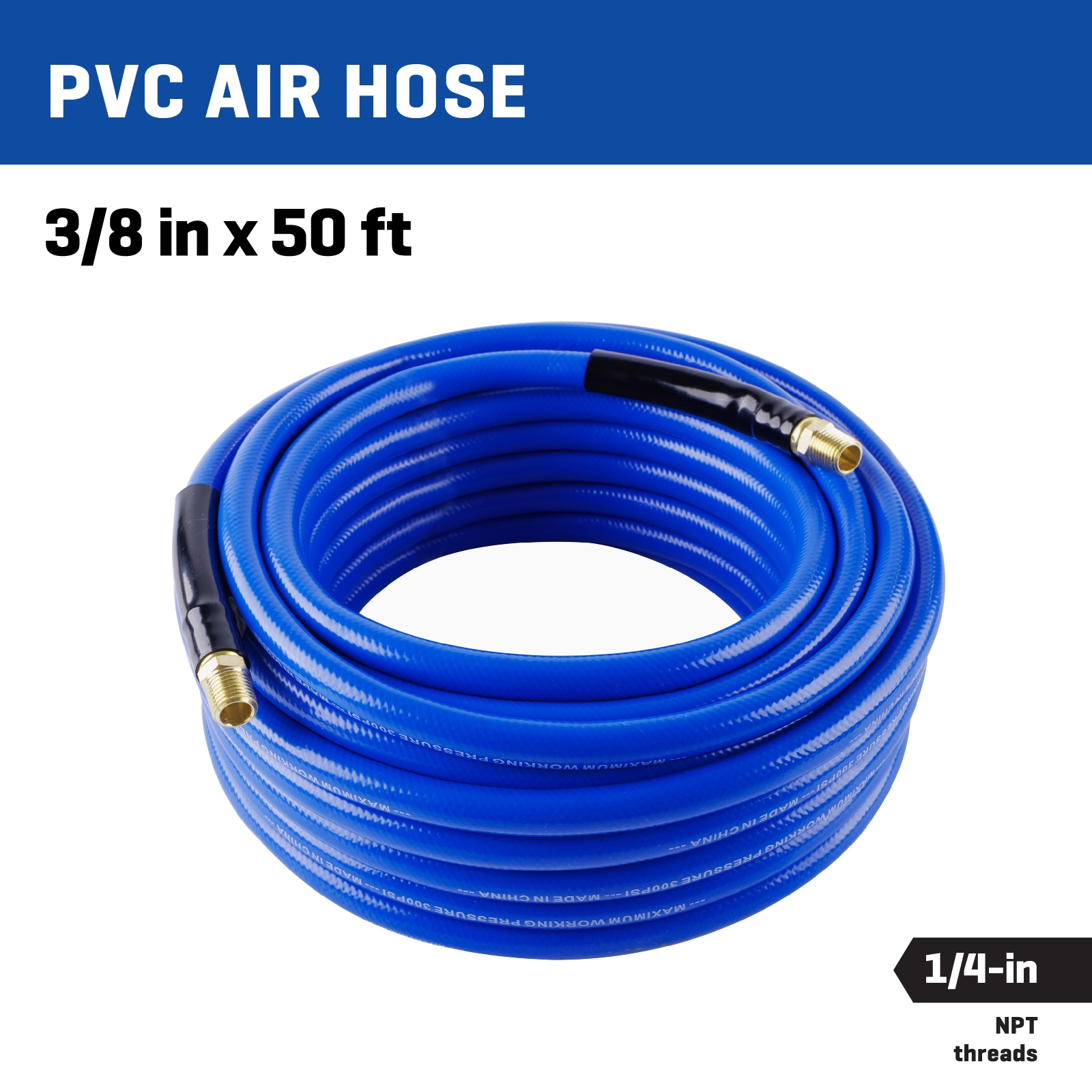 Blue Hybrid Air Hose, 1/4 in ID x 50 ft, 1/4 in MNPT fitting