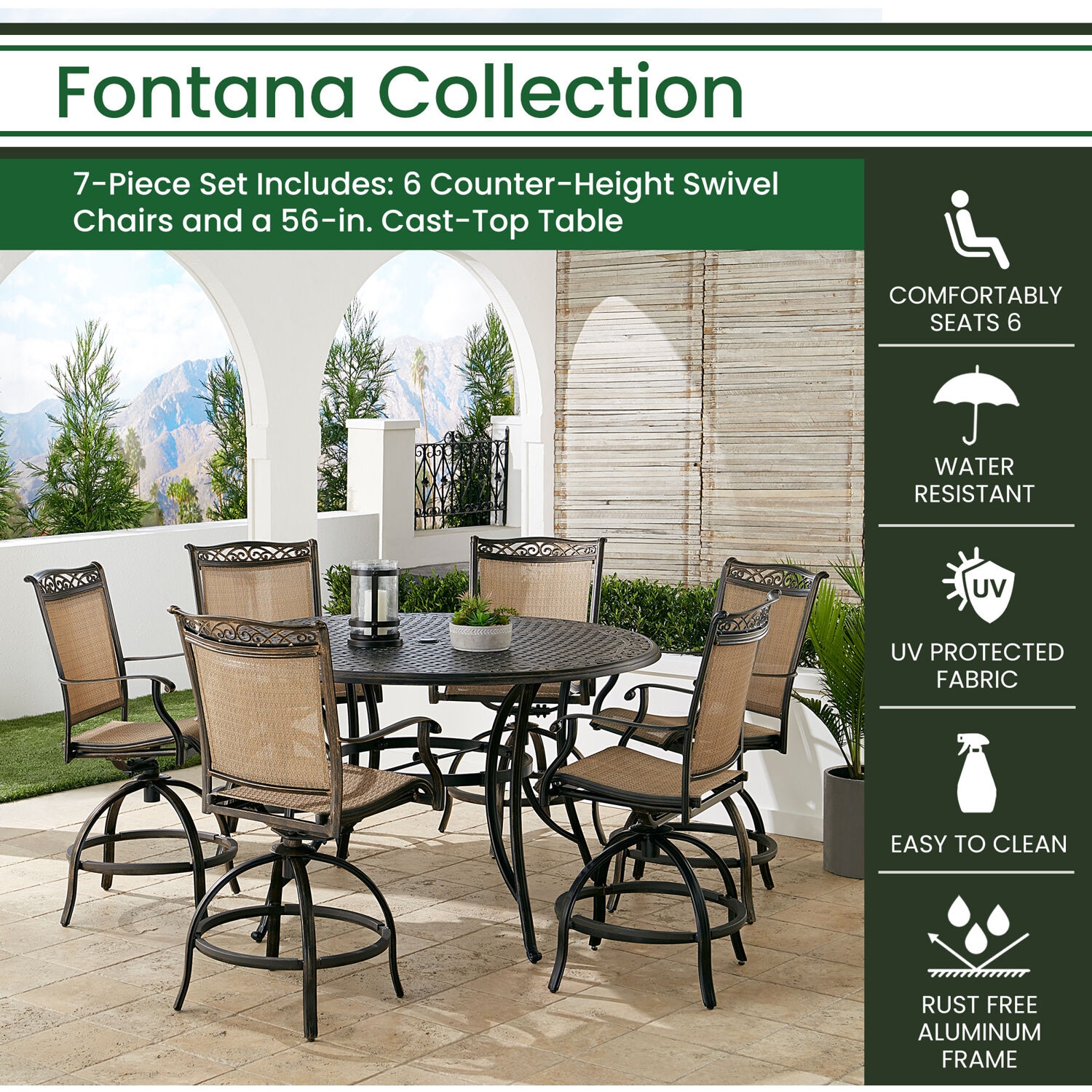 Bronze and Tan Aluminum 6-Person Round Outdoor Dining Set with Swivel Chairs