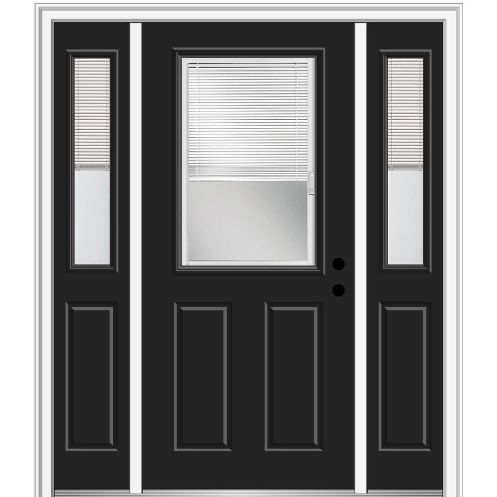 MMI DOOR ZZ01738L 64-in x 80-in x 4-9/16-in Fiberglass Half lite Left-hand inswing Black Painted Prehung Front Door with Sidelights with Brickmould Insulating core with Blinds