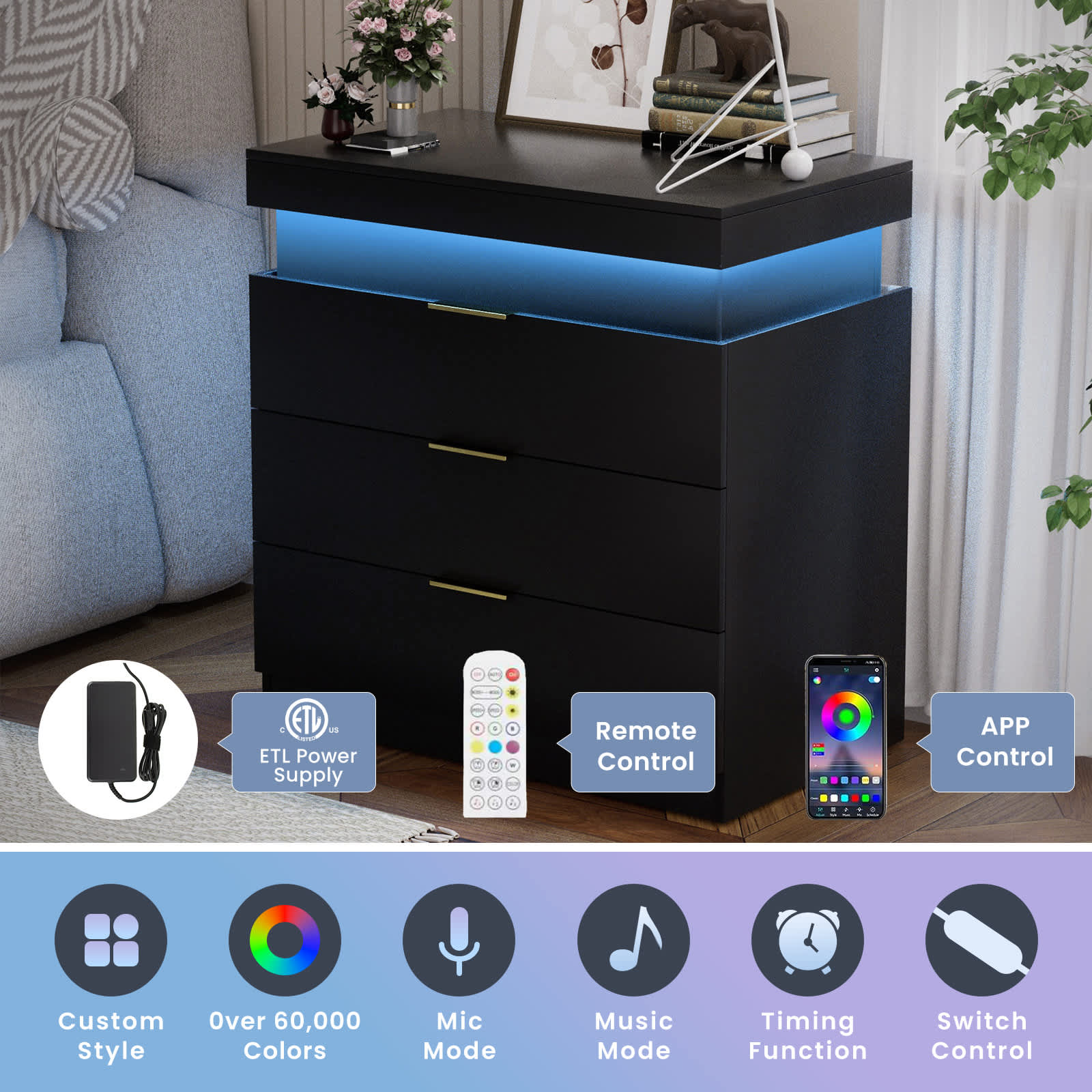 Vynxaria Modern Nightstand with Sliding Top Design Storage Bedside End ...