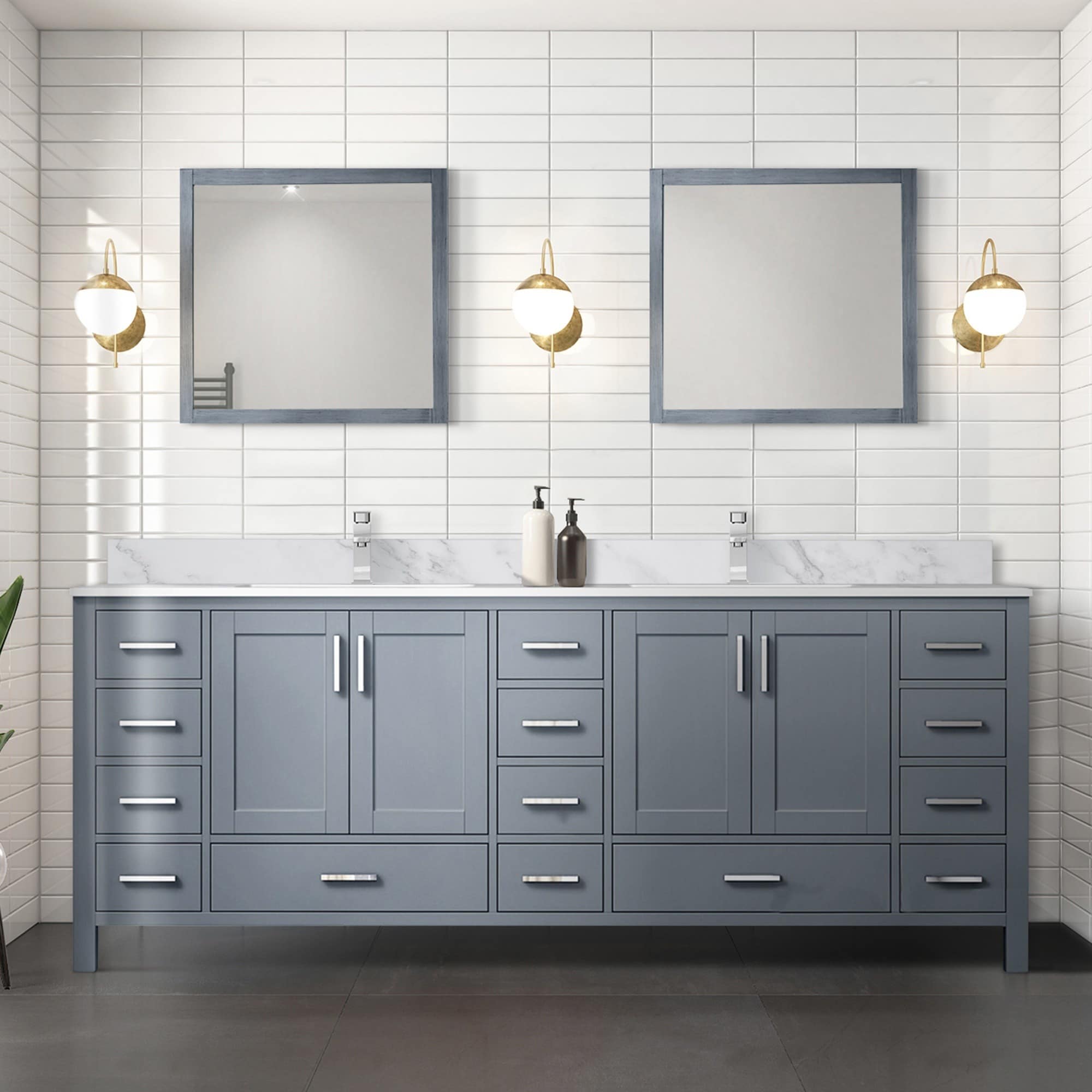 IAK - 84 inch Dark Grey Solid Wood Double Bathroom Vanity with Carrara Marble Top and Soft Close ...