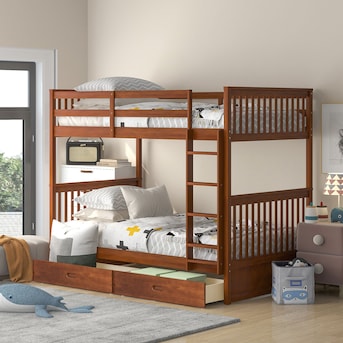 Yiekholo Twin Over Twin Bunk Bed With Drawers Solid Wood Bunk Bed, Walnut  In The Bunk Beds Department At Lowes.Com