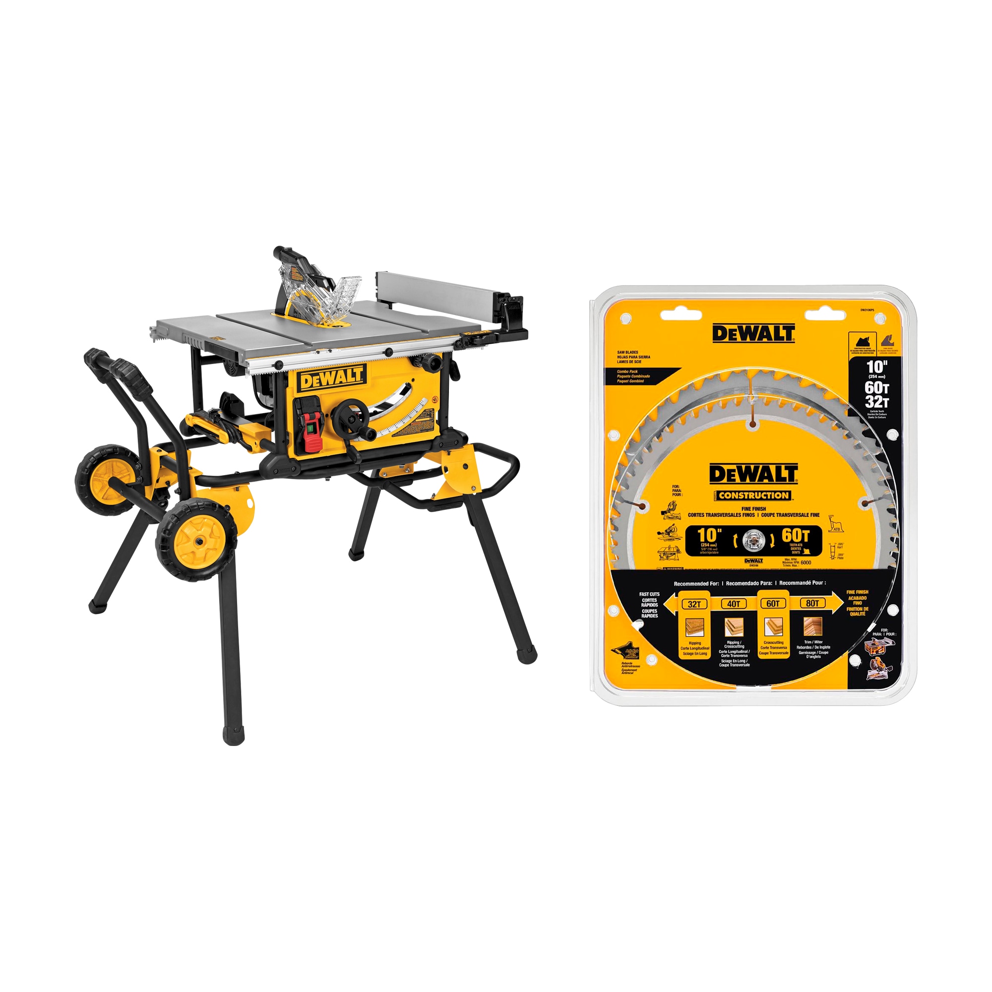 DEWALT 10-in Carbide-Tipped Blade 15-Amp Portable Table Saw & Construction 10-in 32 and 60-Tooth Carbide Miter/Table Saw Blade Set