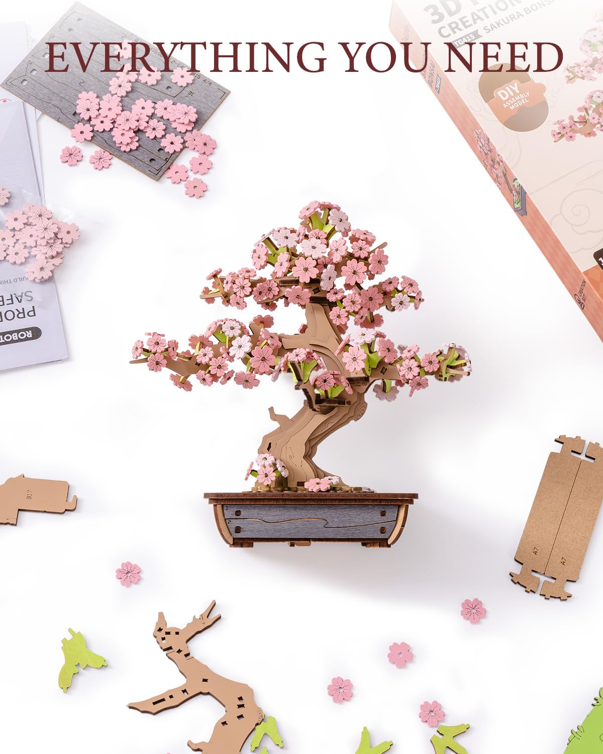 Etokfoks 263 Piece DIY Sakura Bonsai Tree 3D Wooden Puzzle for