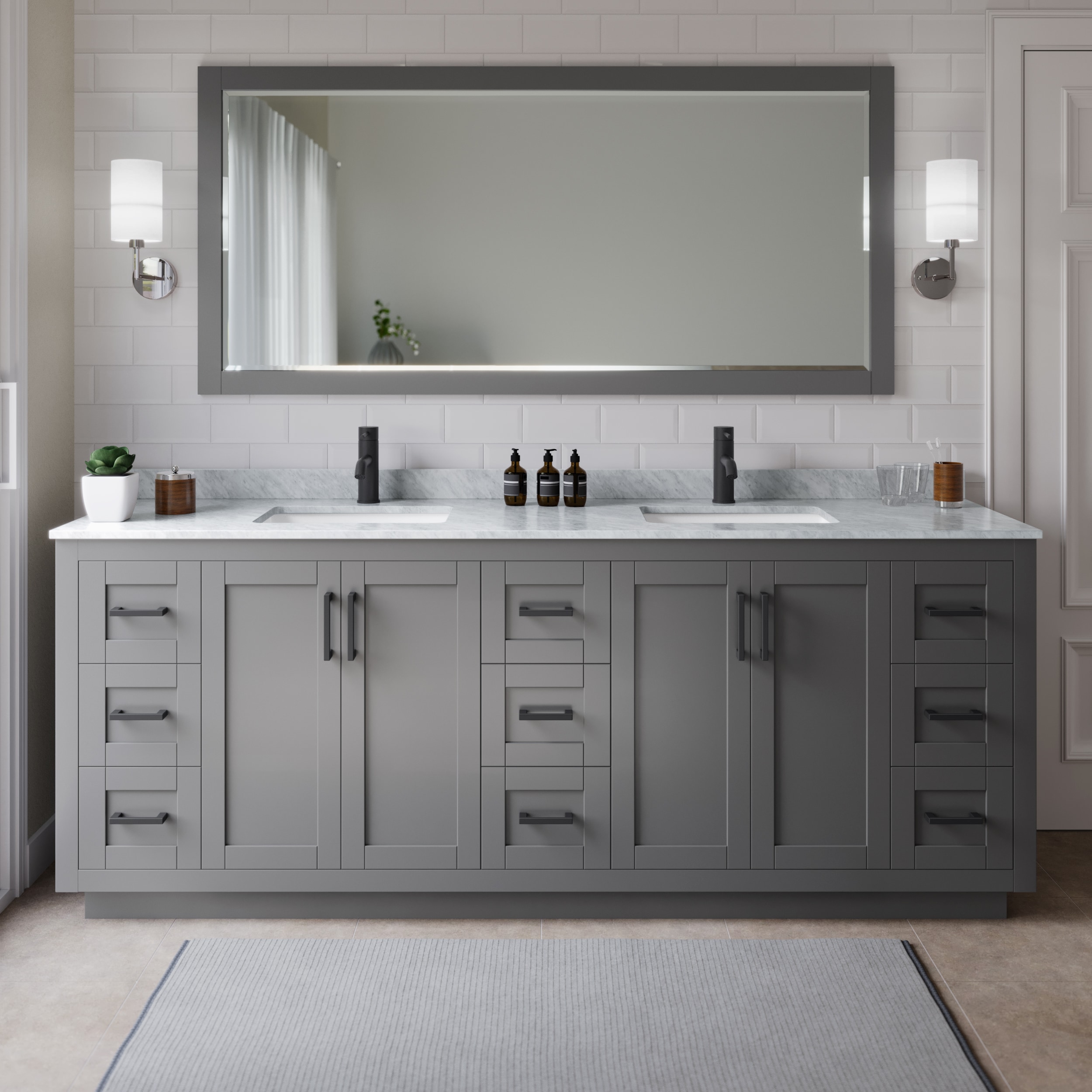 Wyndham Collection WCF292984DGBCMUNSMXX Miranda 84-in Dark Gray with Matte Black Trim Undermount Double sink Bathroom Vanity with White Carrara Marble Marble Top